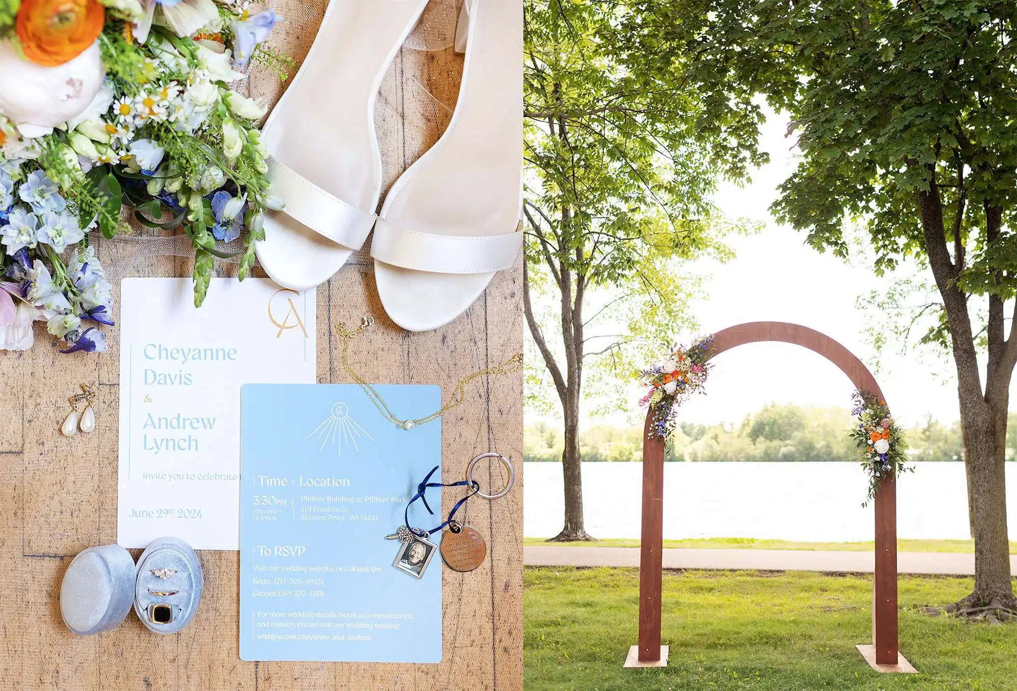 Wedding arch adorned with vibrant florals from Archer & Bliss Floral.