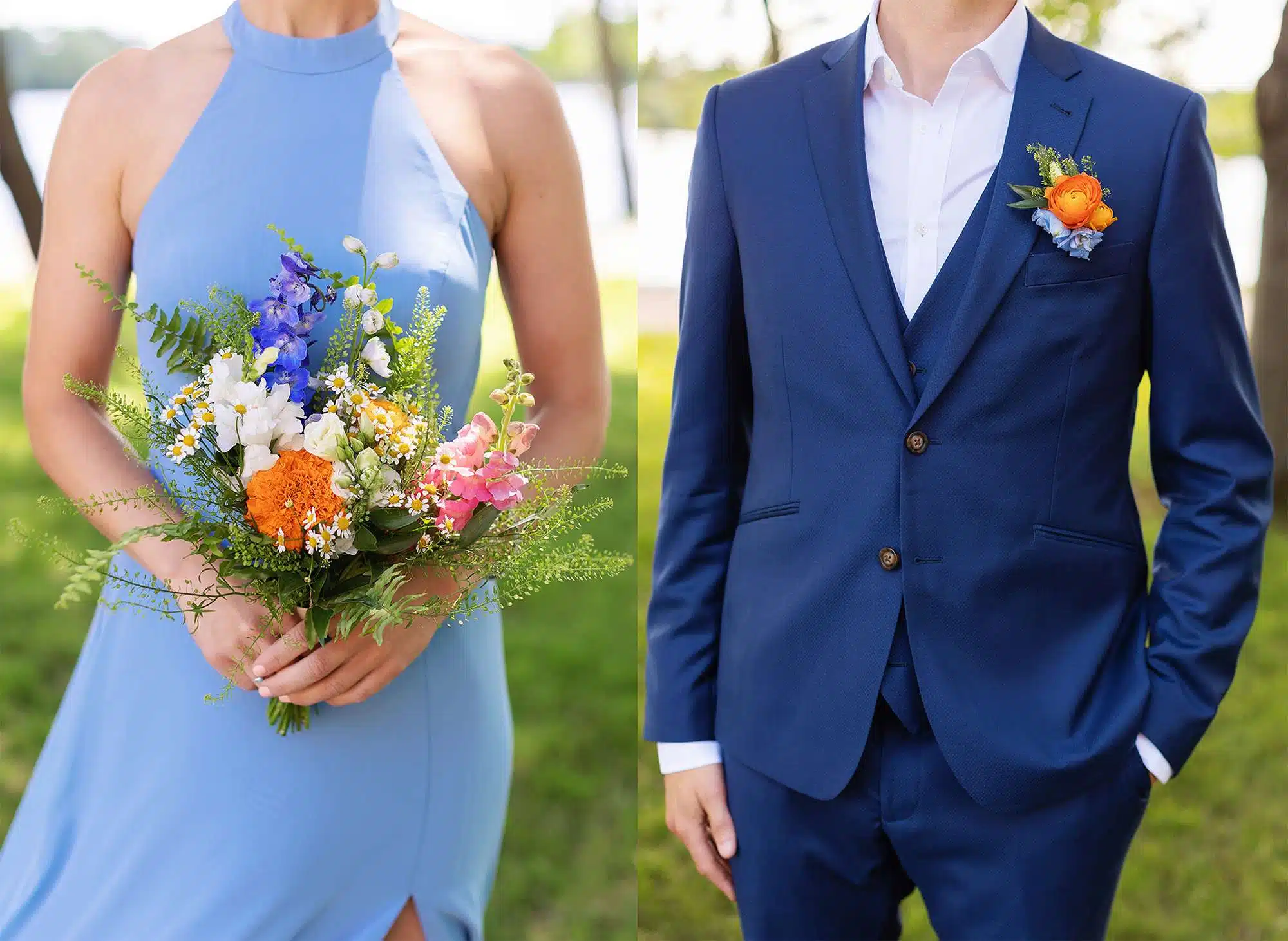 Bridesmaid with colorful bouquet and groomsmen with boutonniere.