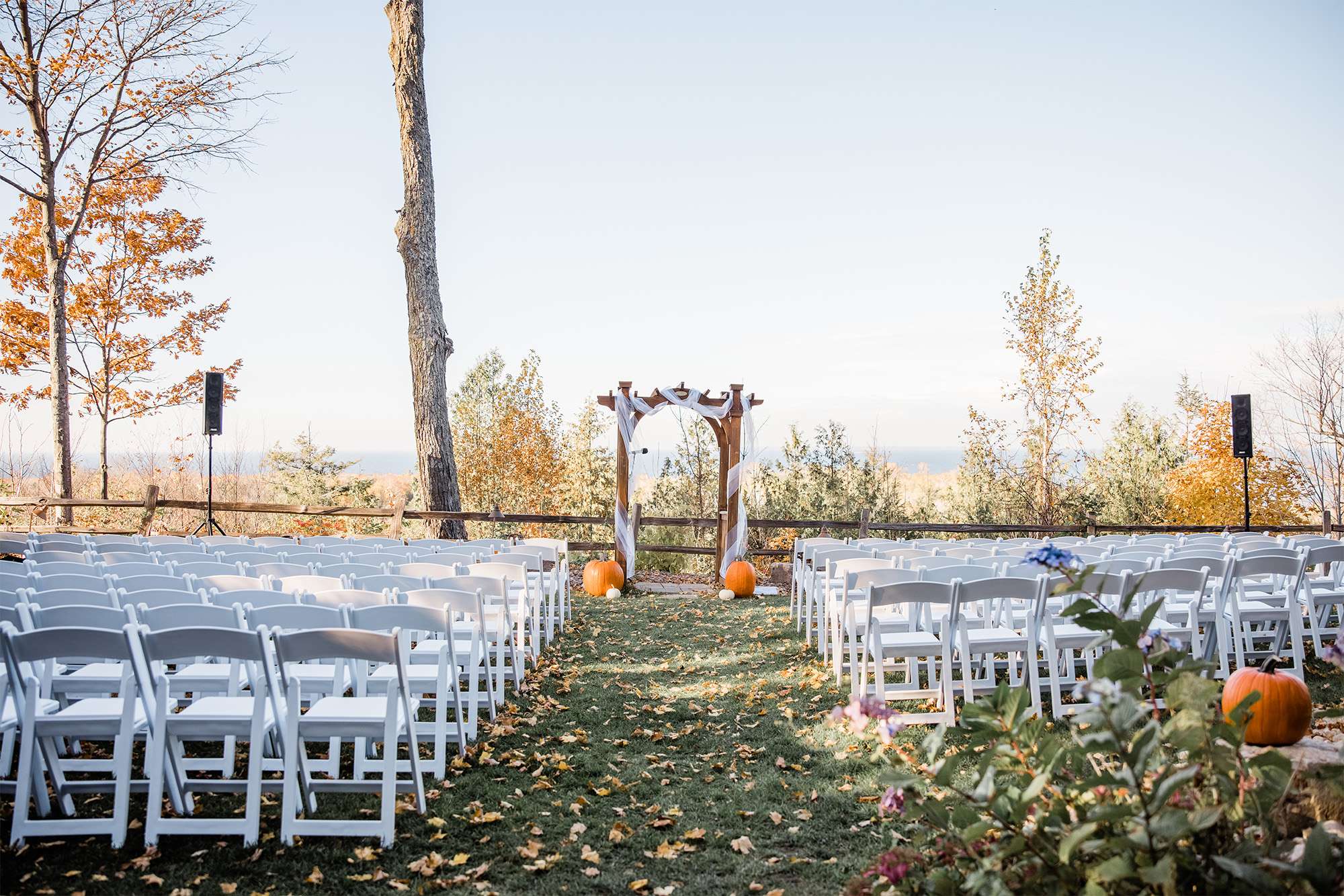Outdoor Fall wedding ceremony set up at the Landmark Resort in Door County.