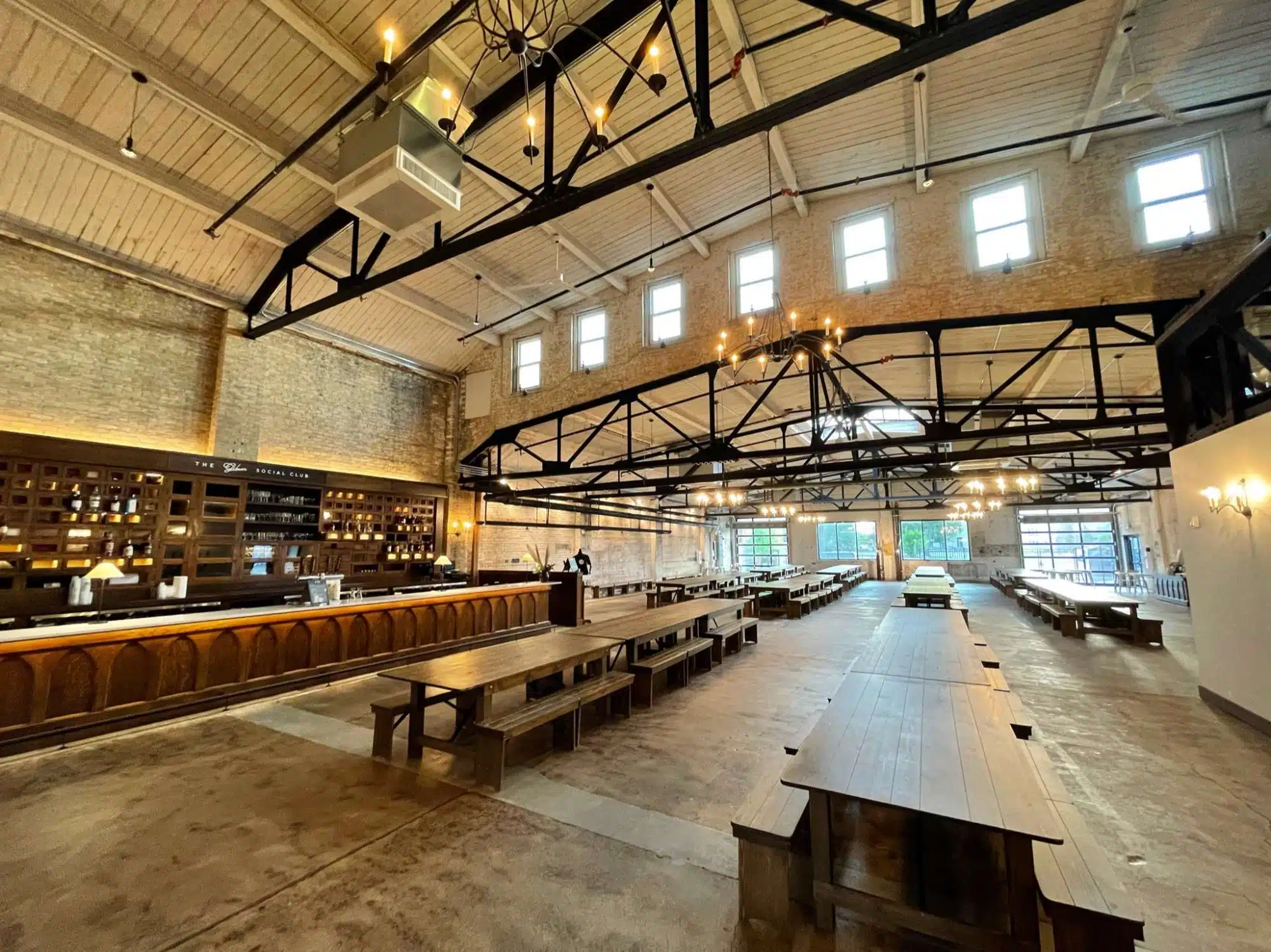 The long wooden tables at the Gibson Social Club in Oshkosh, WI