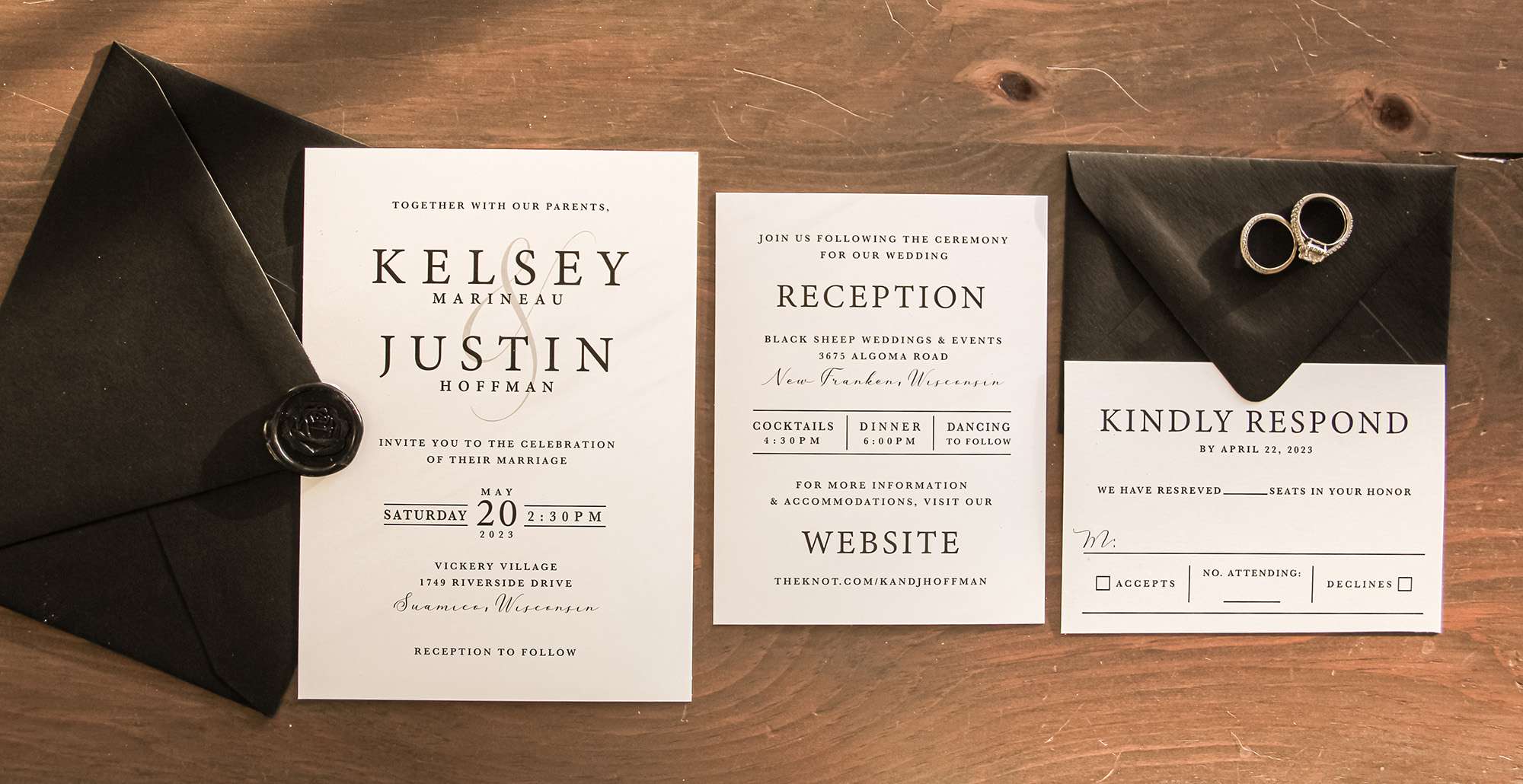 Elegant cream and black wedding invitation.