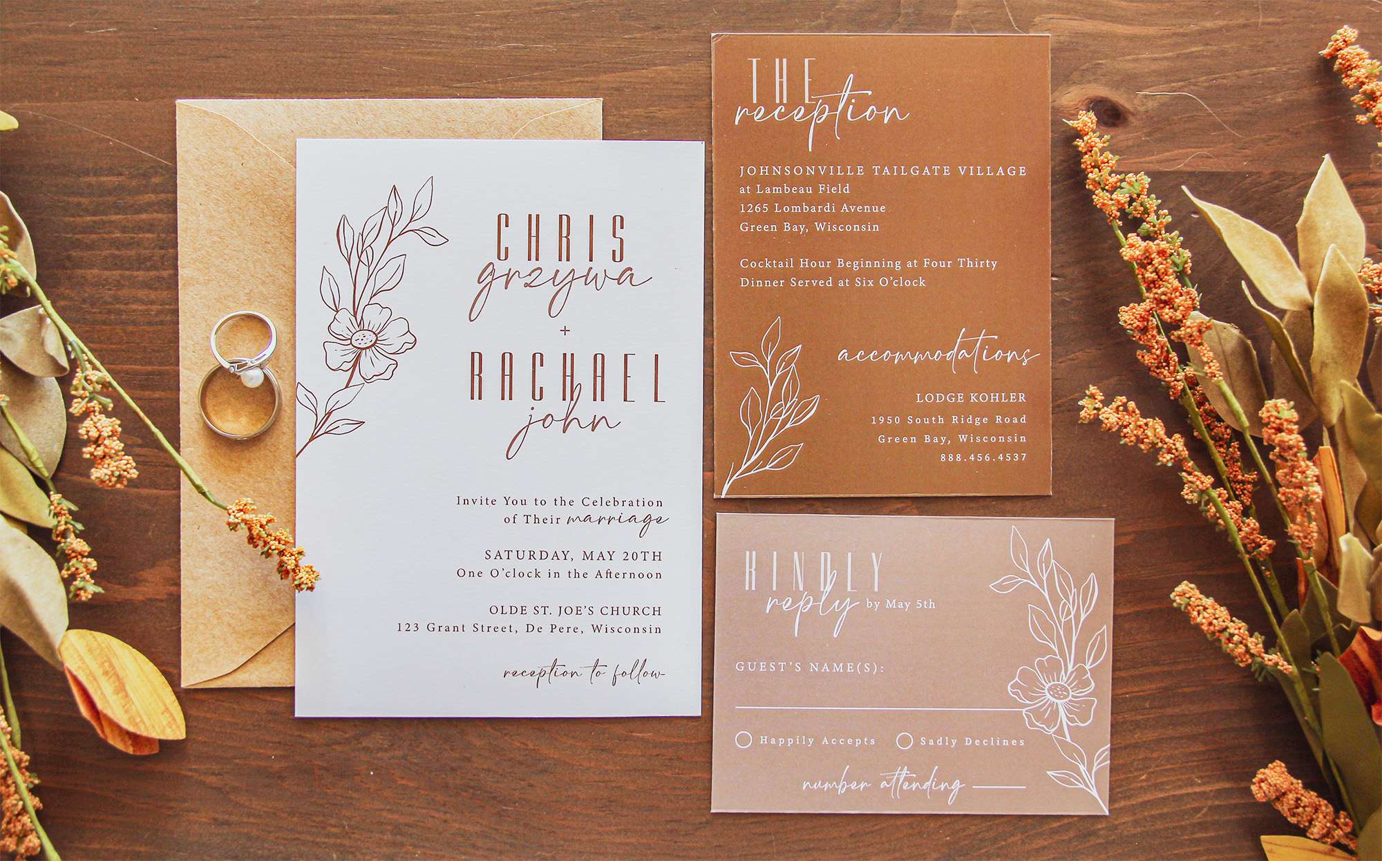 Simple Botanicals design in rust wedding invitation.