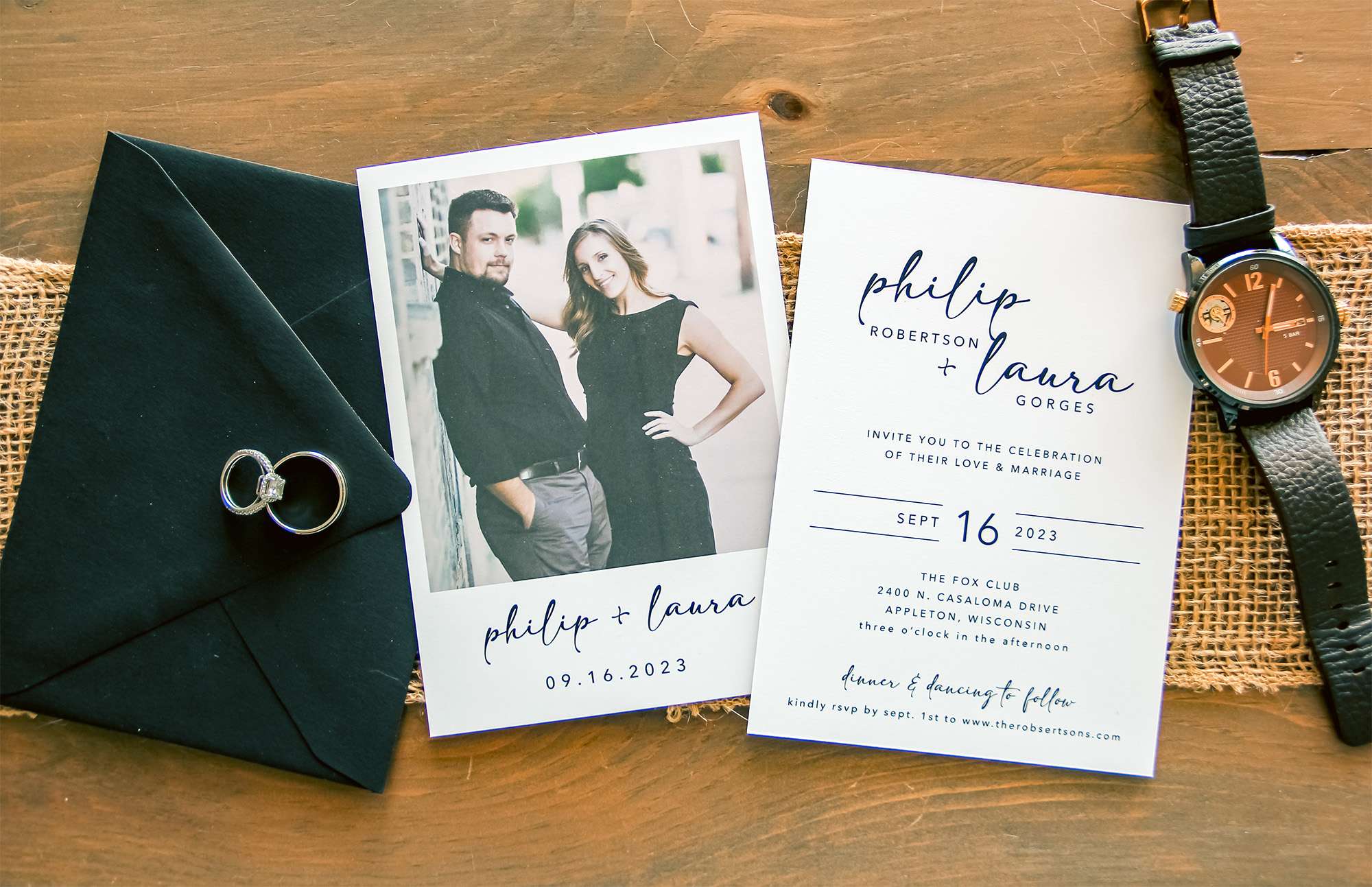Classic black and white wedding invitation with photo.