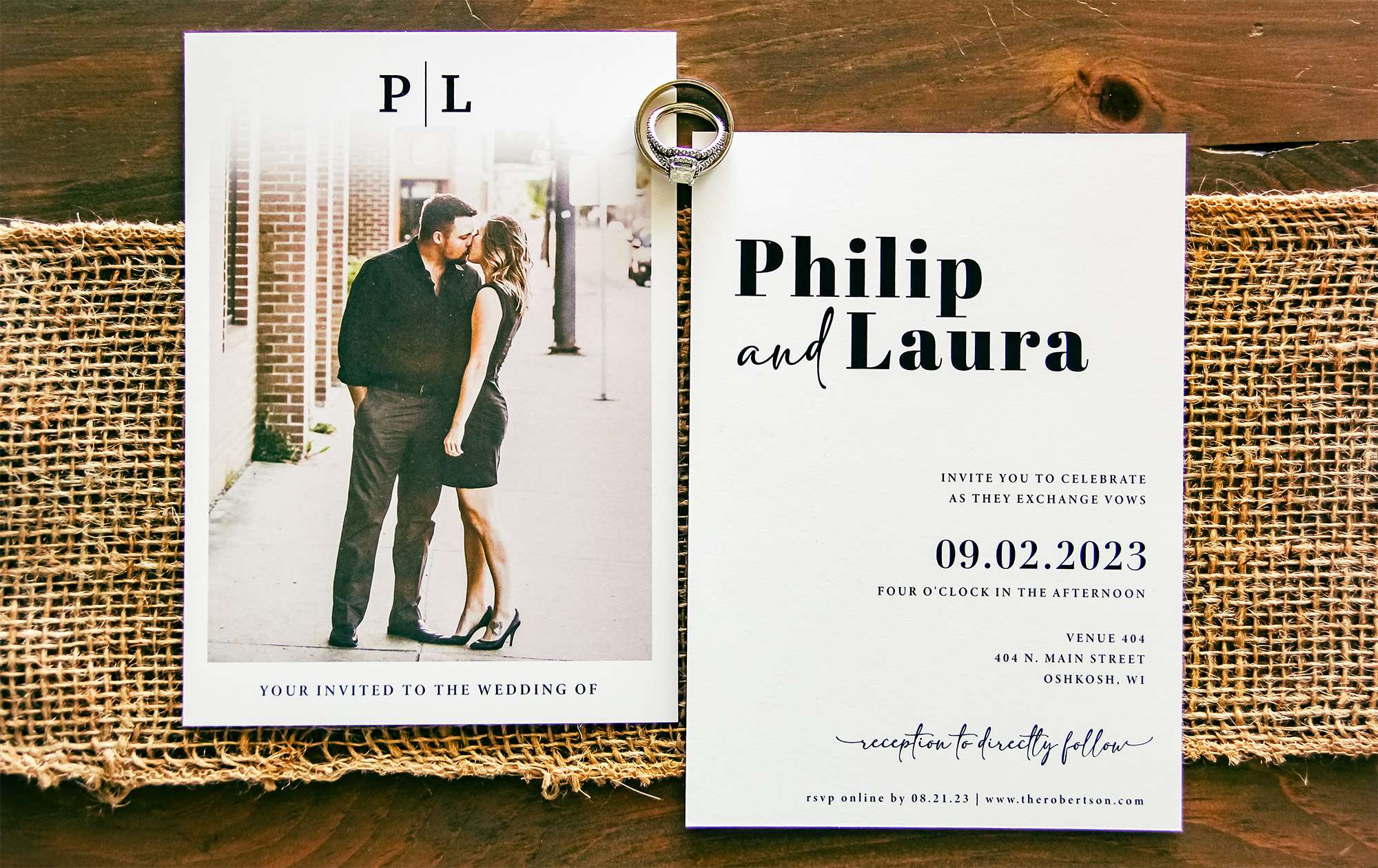 Wedding invitation with photo of couple on back.