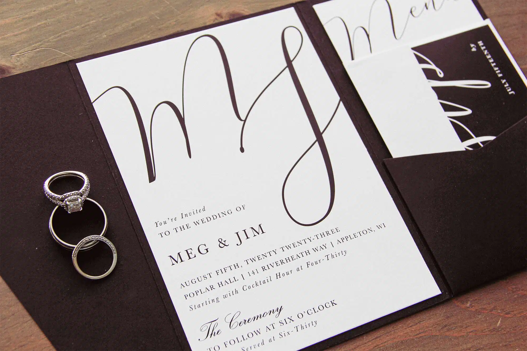 Elegant wedding invitation to Poplar Hall in Appleton wedding.