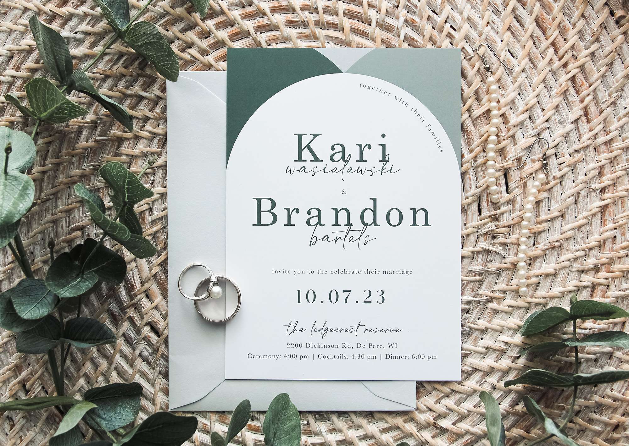 Trio Arch in sage and gray wedding invitation by L.designs.