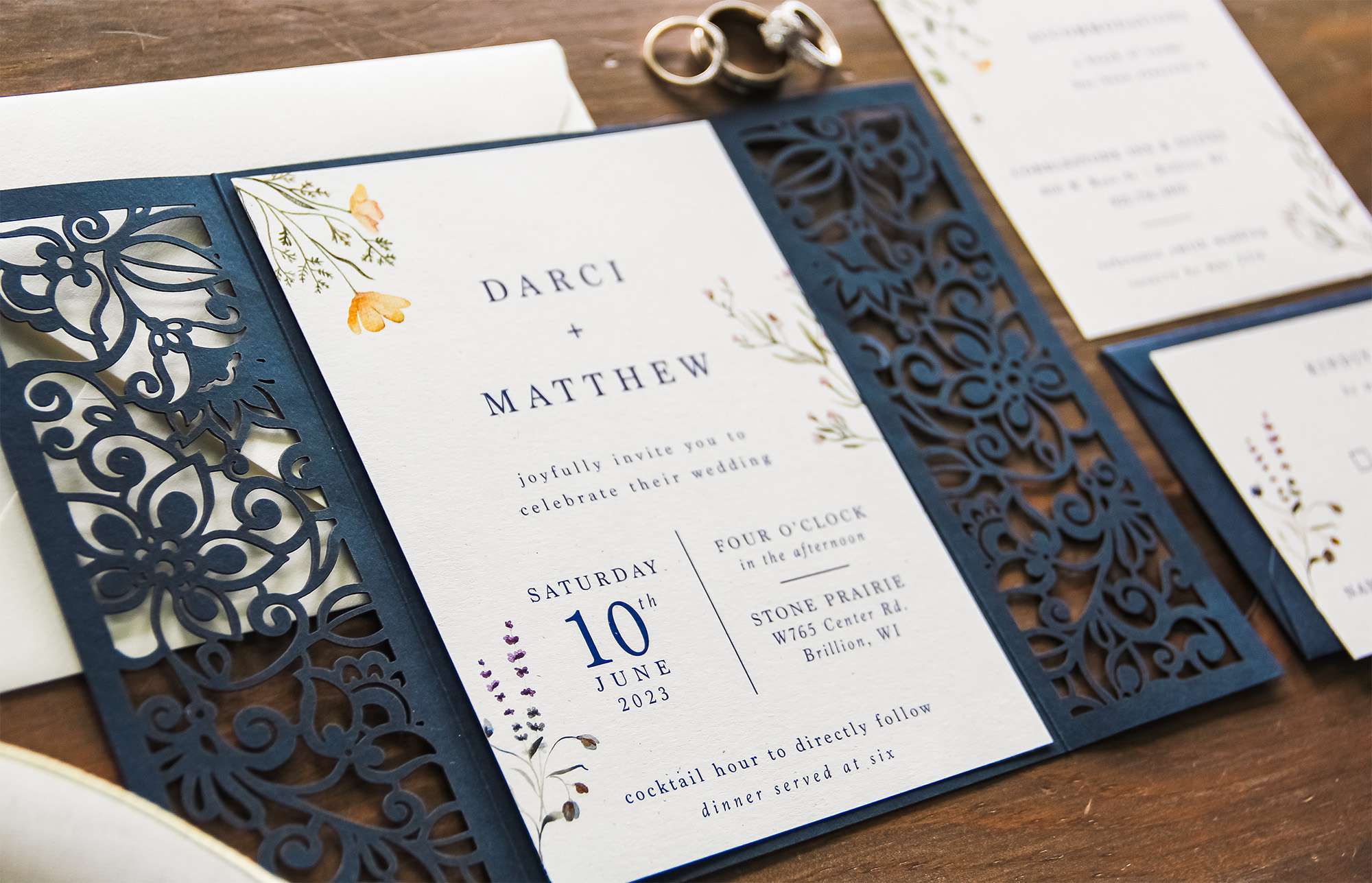 Floral gate fold wedding invitation by L.designs for a Stone Prairie wedding in Brillion, WI.