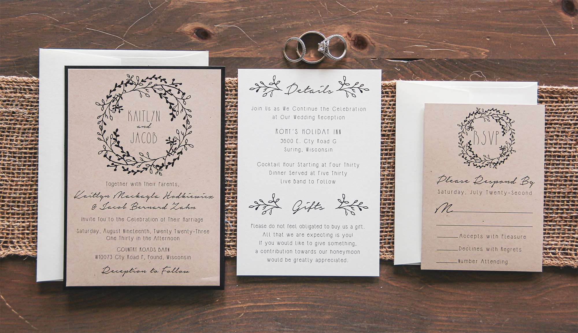 Rustic wreath in Kraft brown wedding invitation suite.