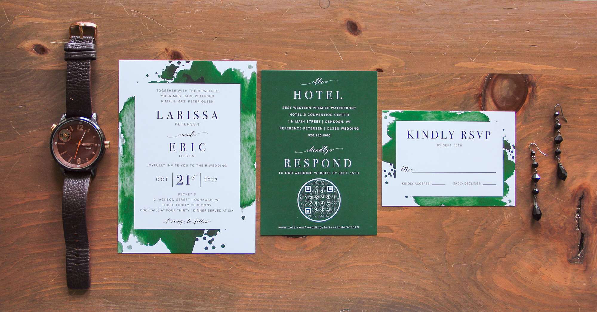 Forest splash wedding invitation design by L.Designs Custom Wedding Invitations.