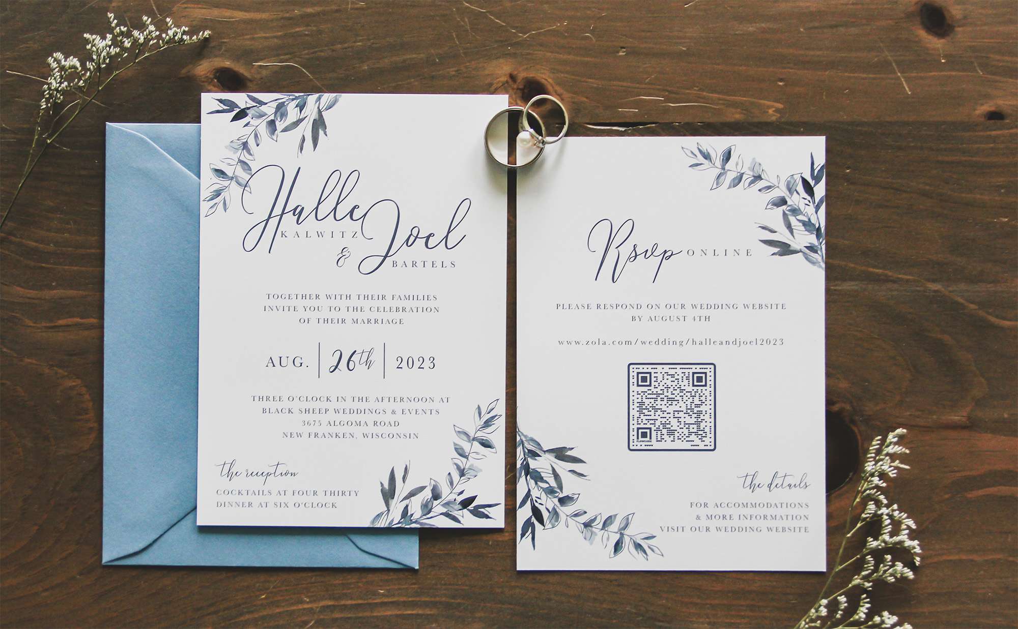 Wedding invitation with QR code to RSVP .