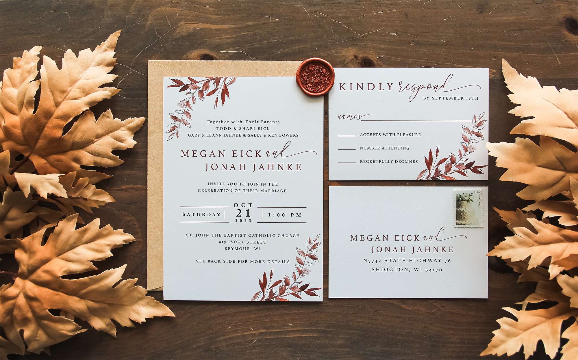 Fall themed wedding invitation suite.