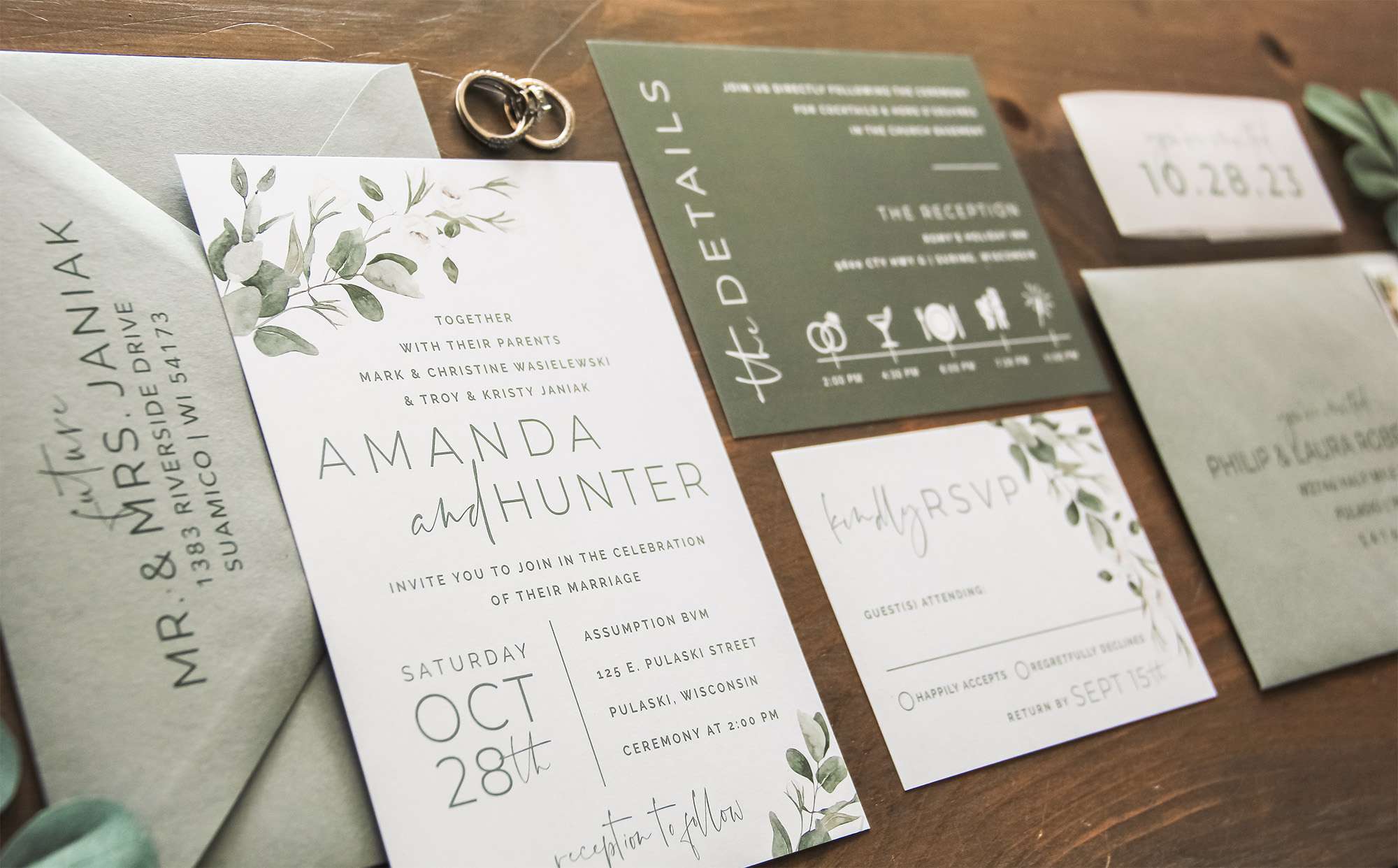 Olive green wedding invitation suite.