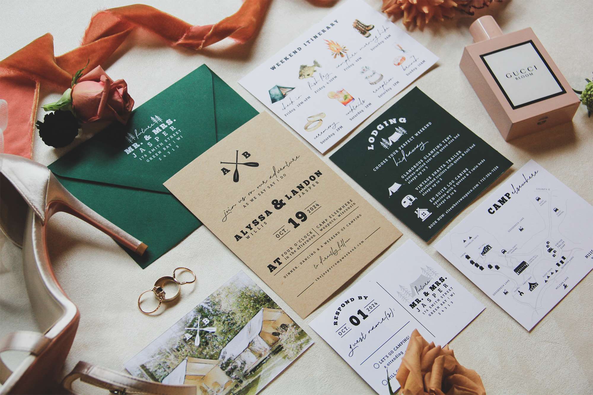 Wedding Campsite Watercolor invitation lay flat.