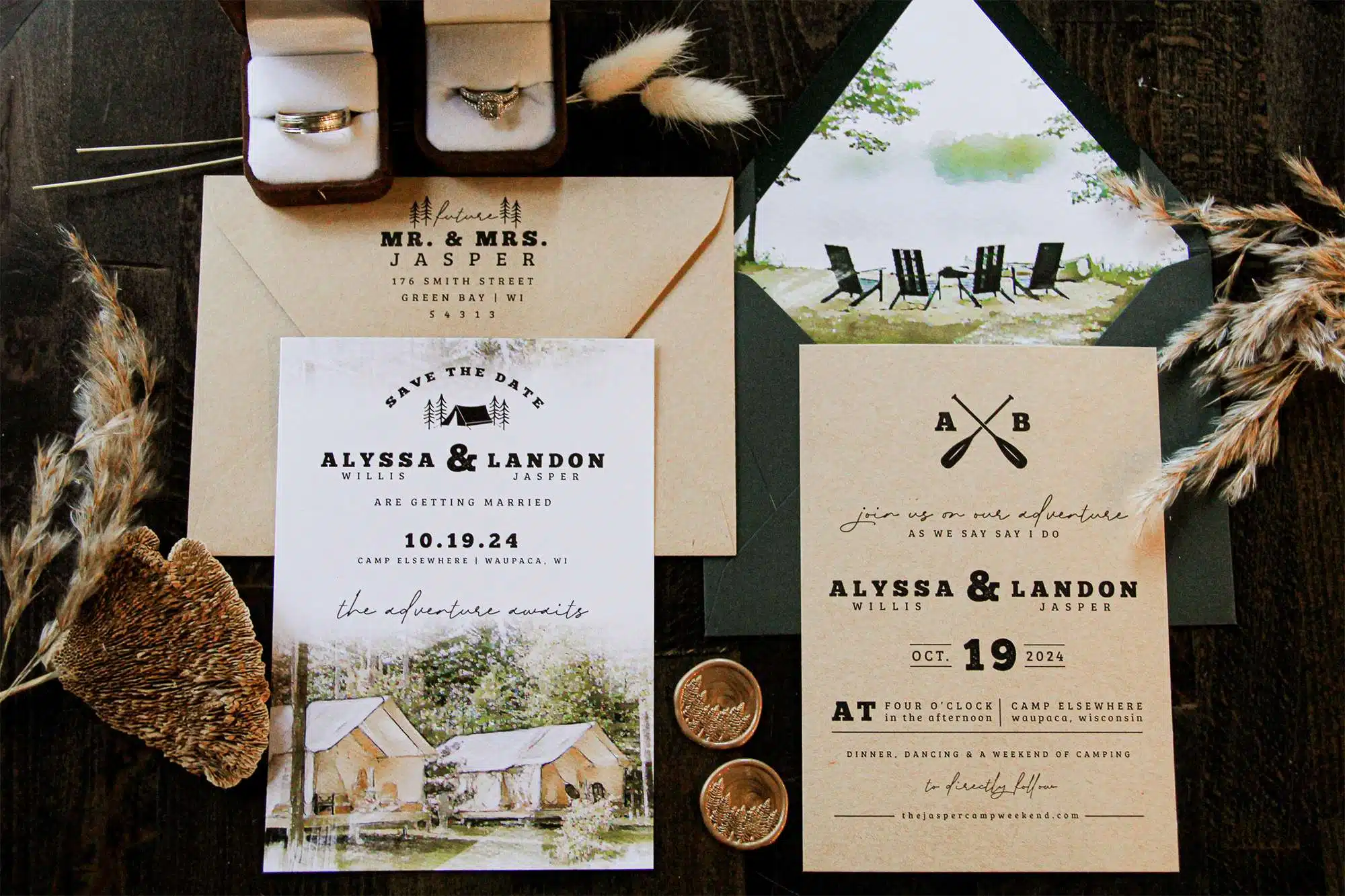 Modern Day Camping Watercolor invitation lay flat.