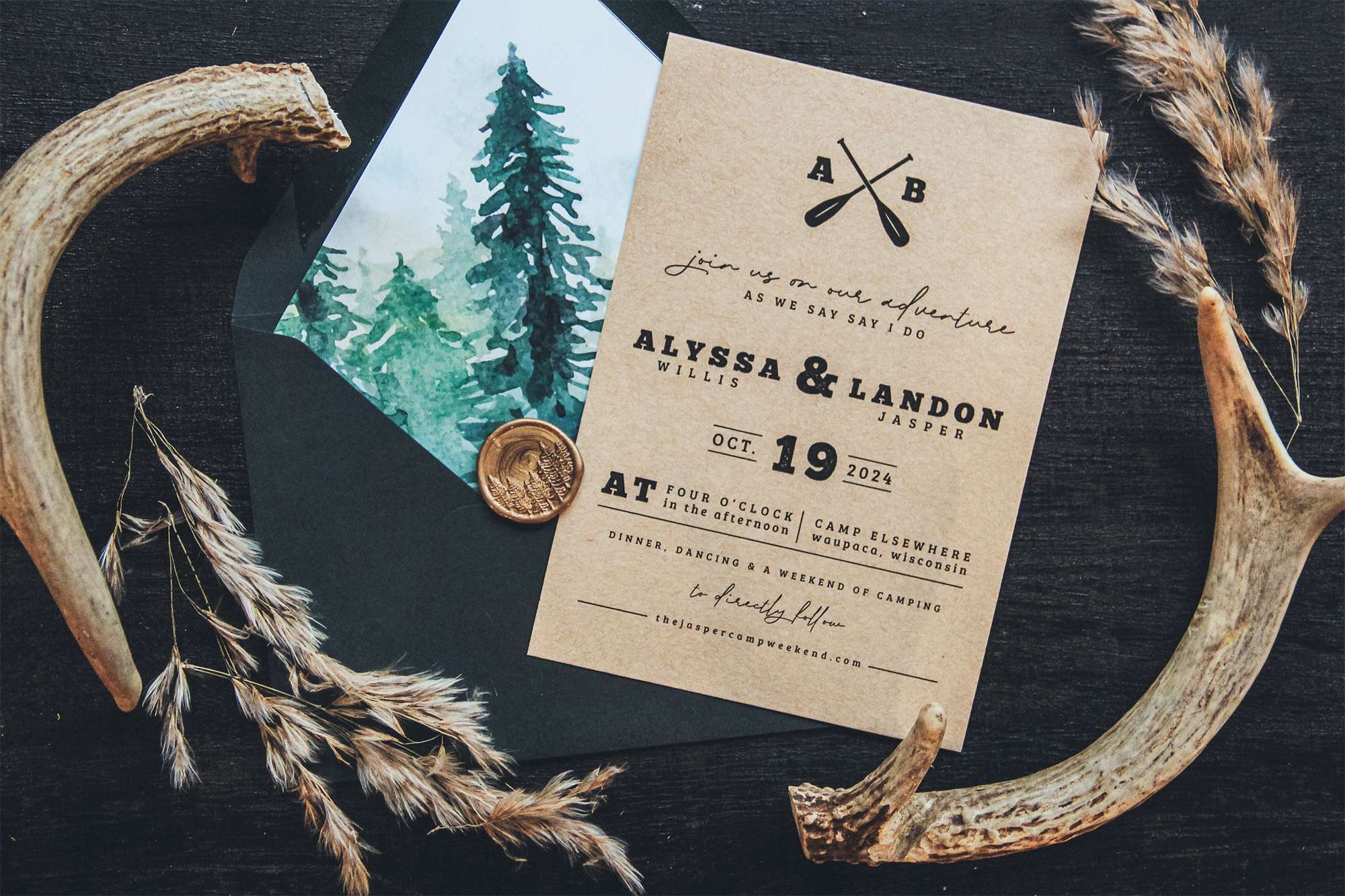 Rustic wedding invitation with antlers by L.Designs Custom Wedding Invitations.