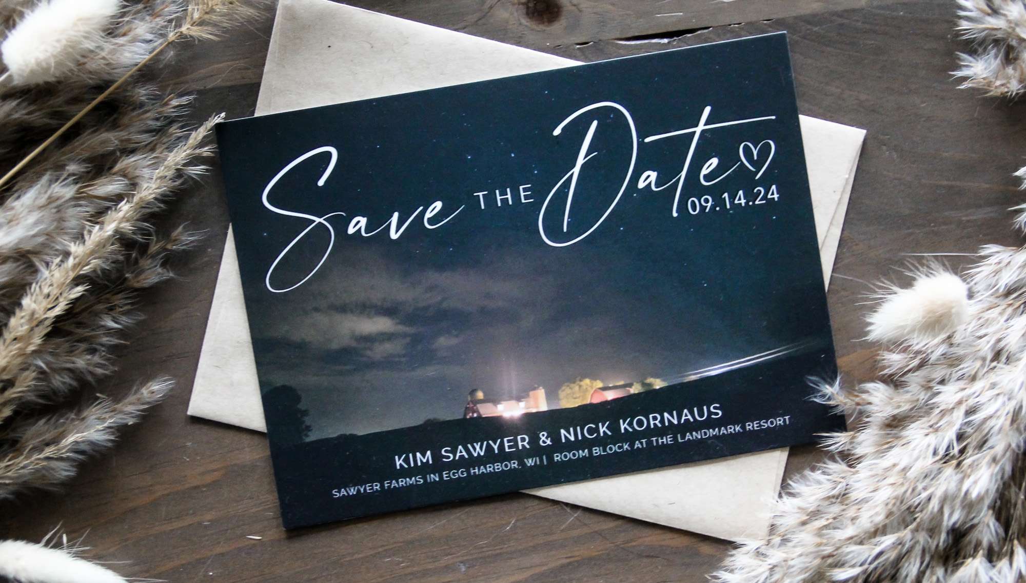 Save the Date card for wedding at Sawyer Farms in Egg Harbor.