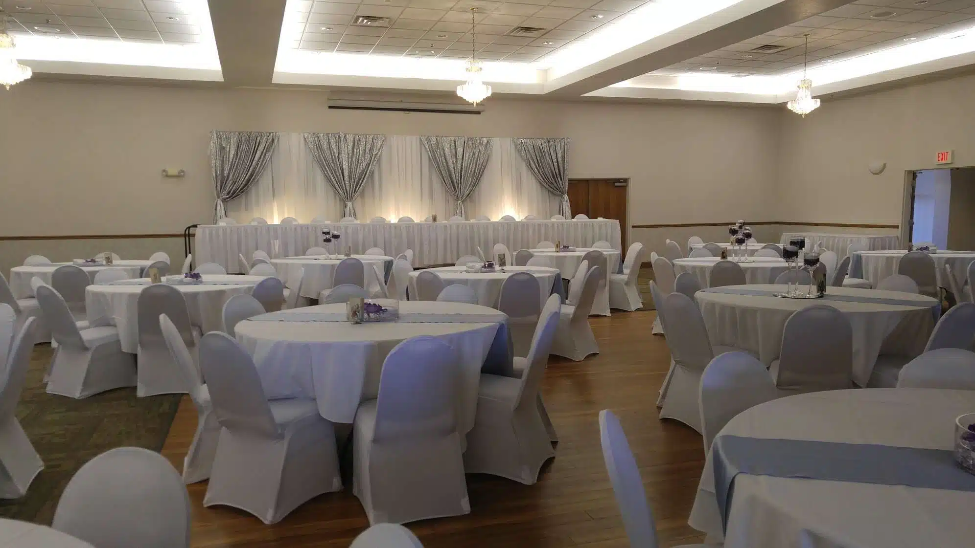 Wedding reception in red and white at La Sure's Hall Banquet & Catering