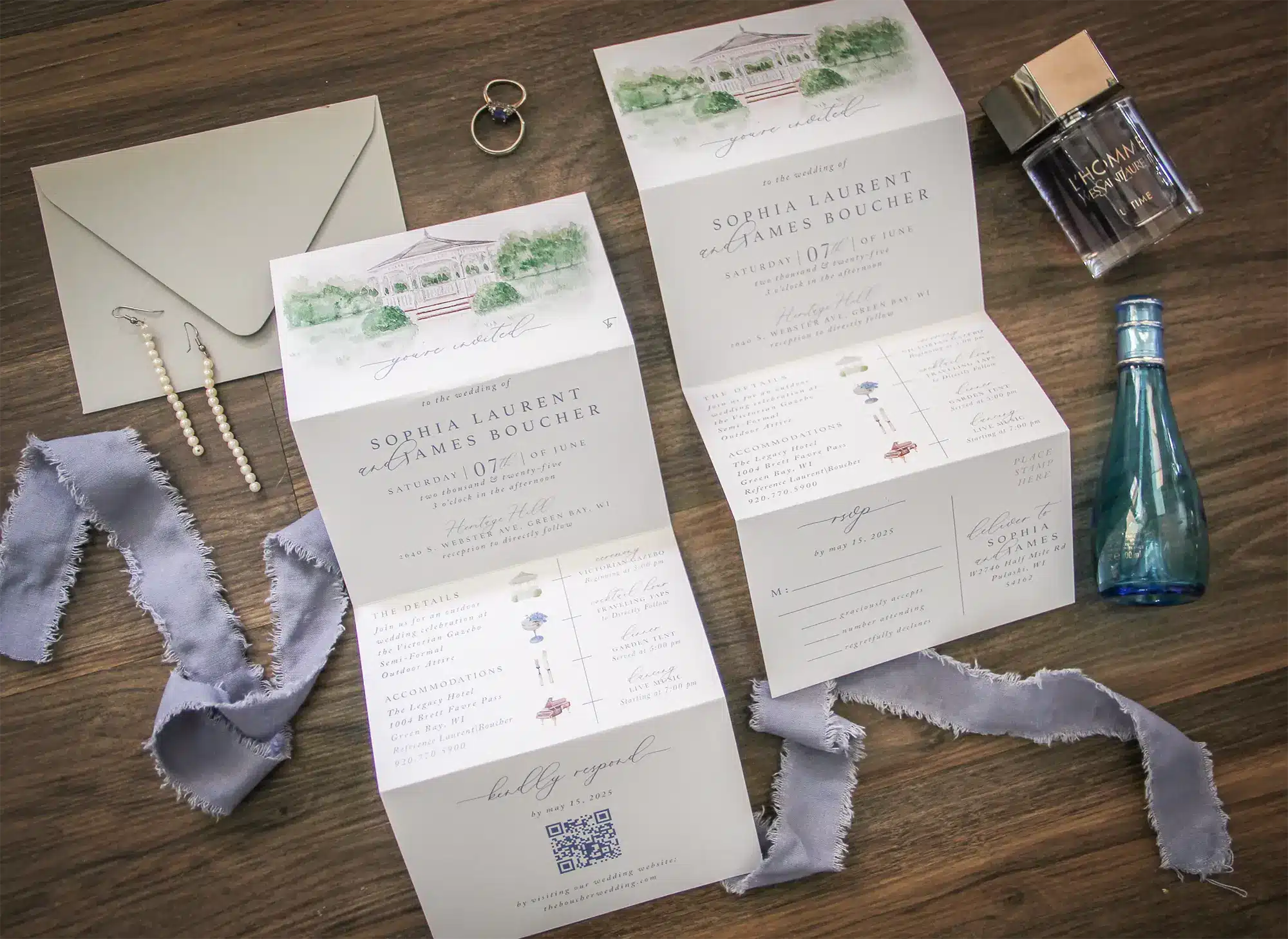 Heritage Hill gazebo watercolor all-in-one wedding invitation.