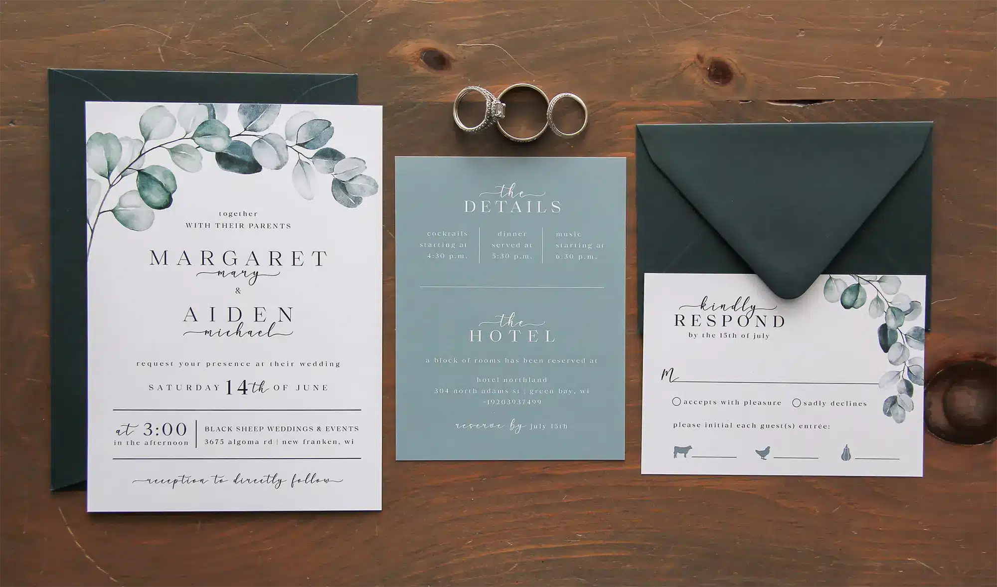 Eucalyptus arch invites with sage green insert and emerald green envelopes