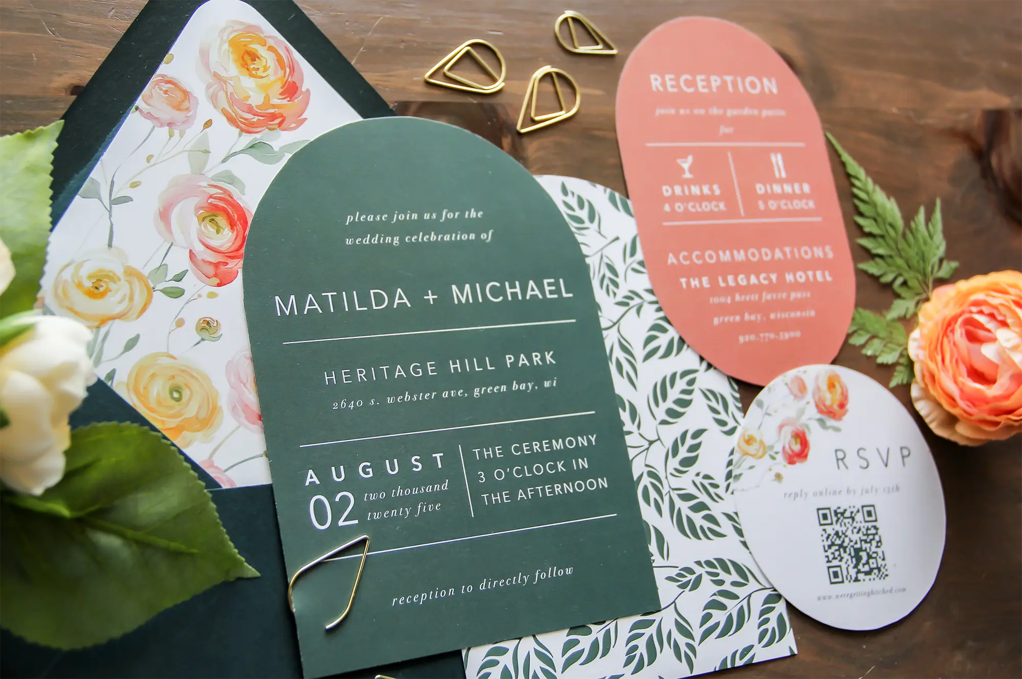 Half arched, oval and circular custom wedding invitations by L.Designs.