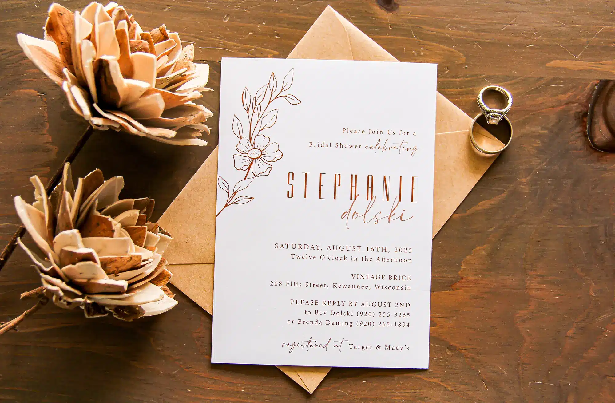 Bridal shower invite with simple floral sprig by L. Designs