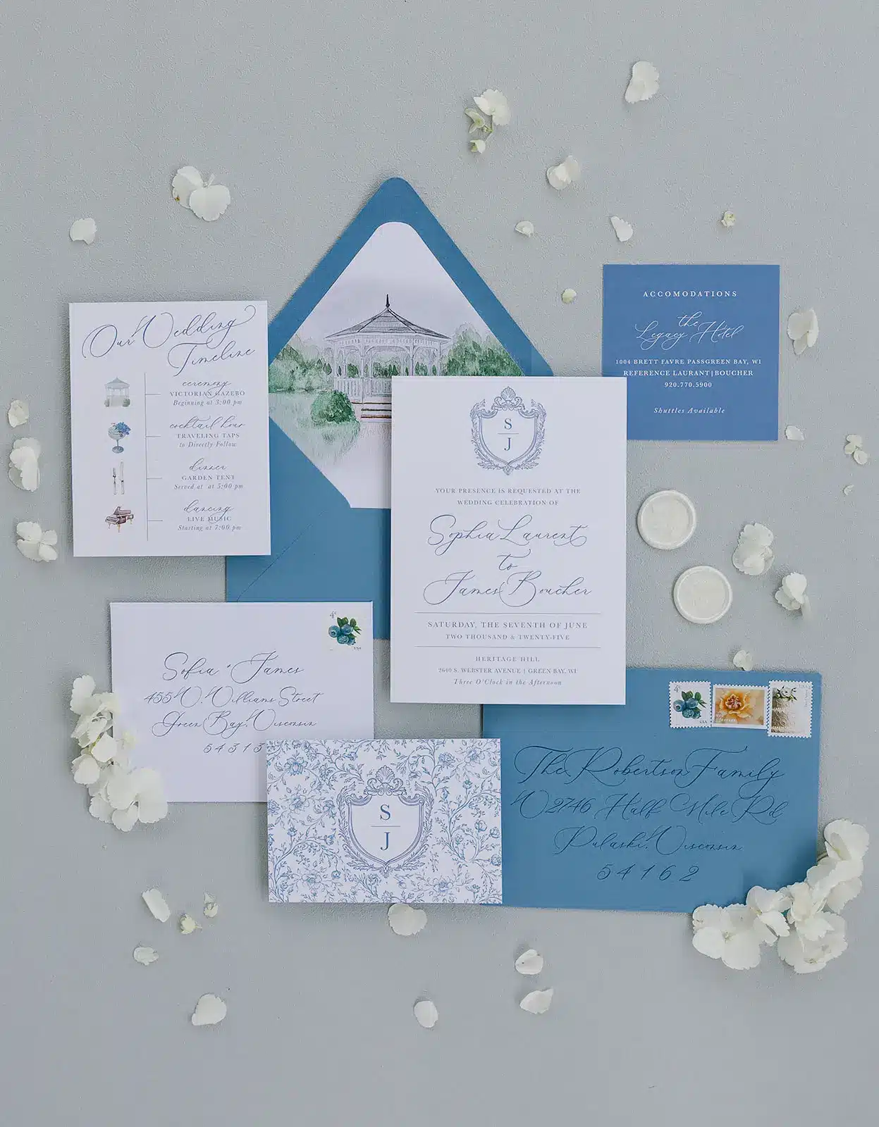 Custom French country styled wedding invitation suite.