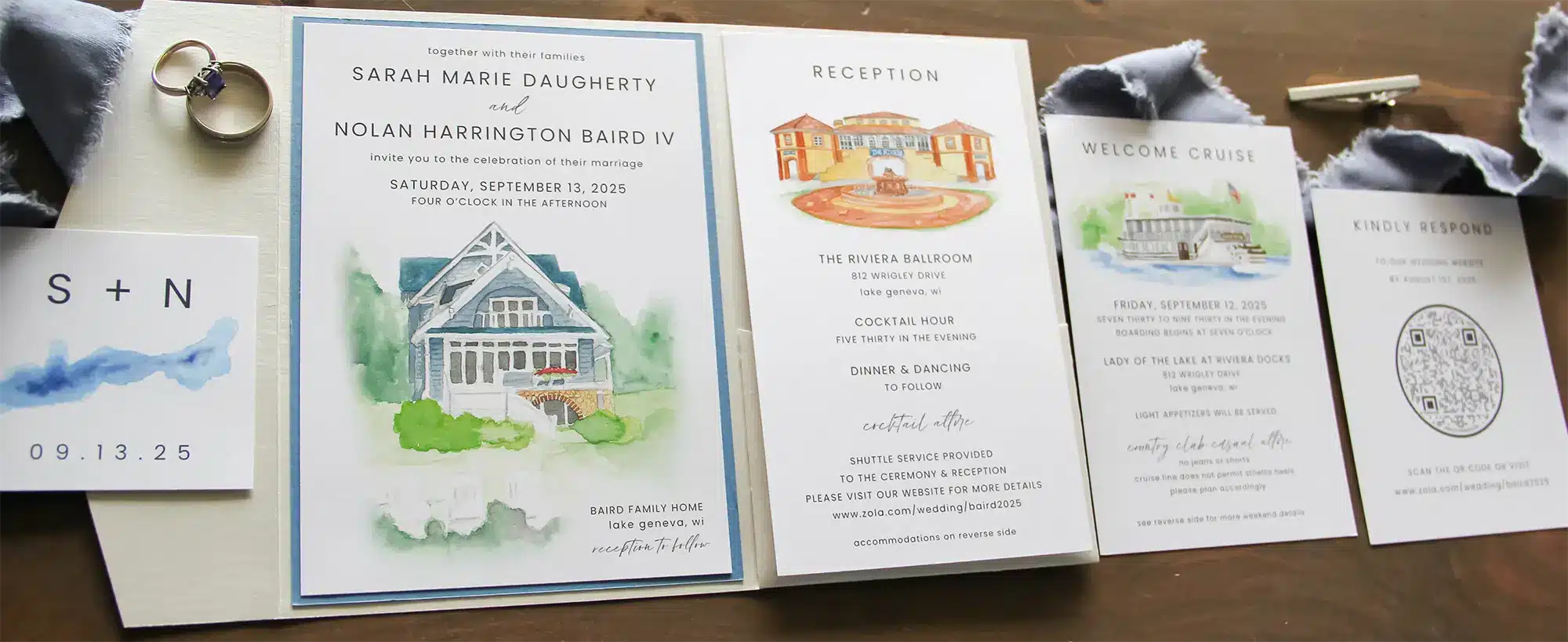 Custom watercolor Lake Geneva invitation suite by L.Designs Invitations