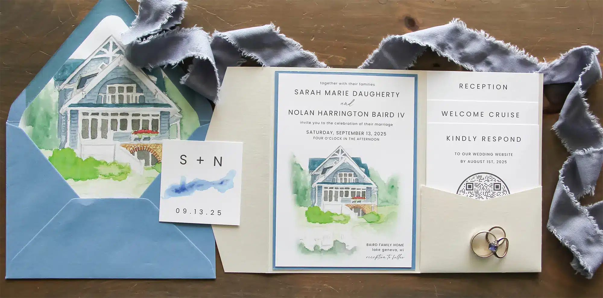 Custom watercolor Lake Geneva invitation suite by L.Designs Invitations