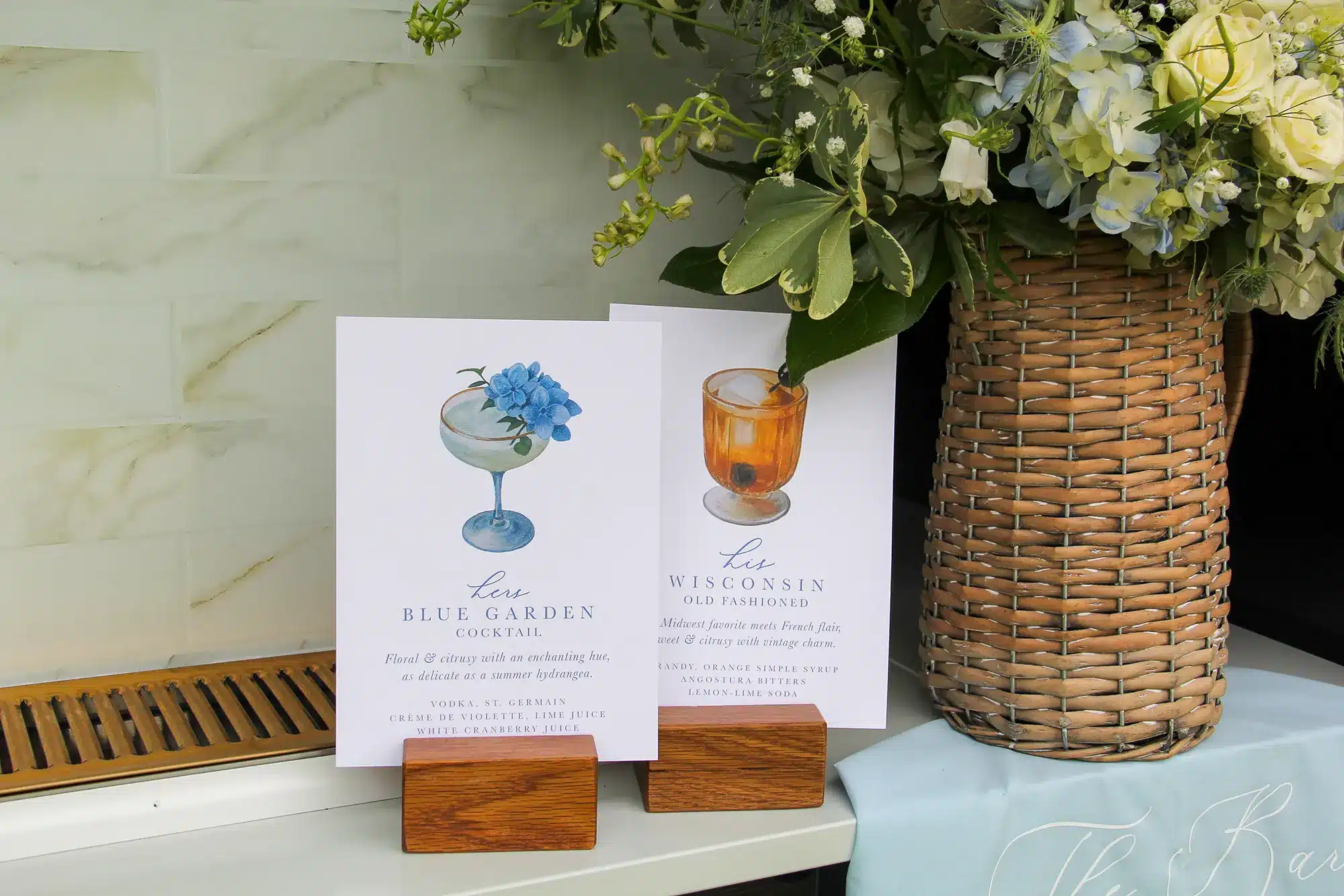 Custom signature watercolor drink cards.