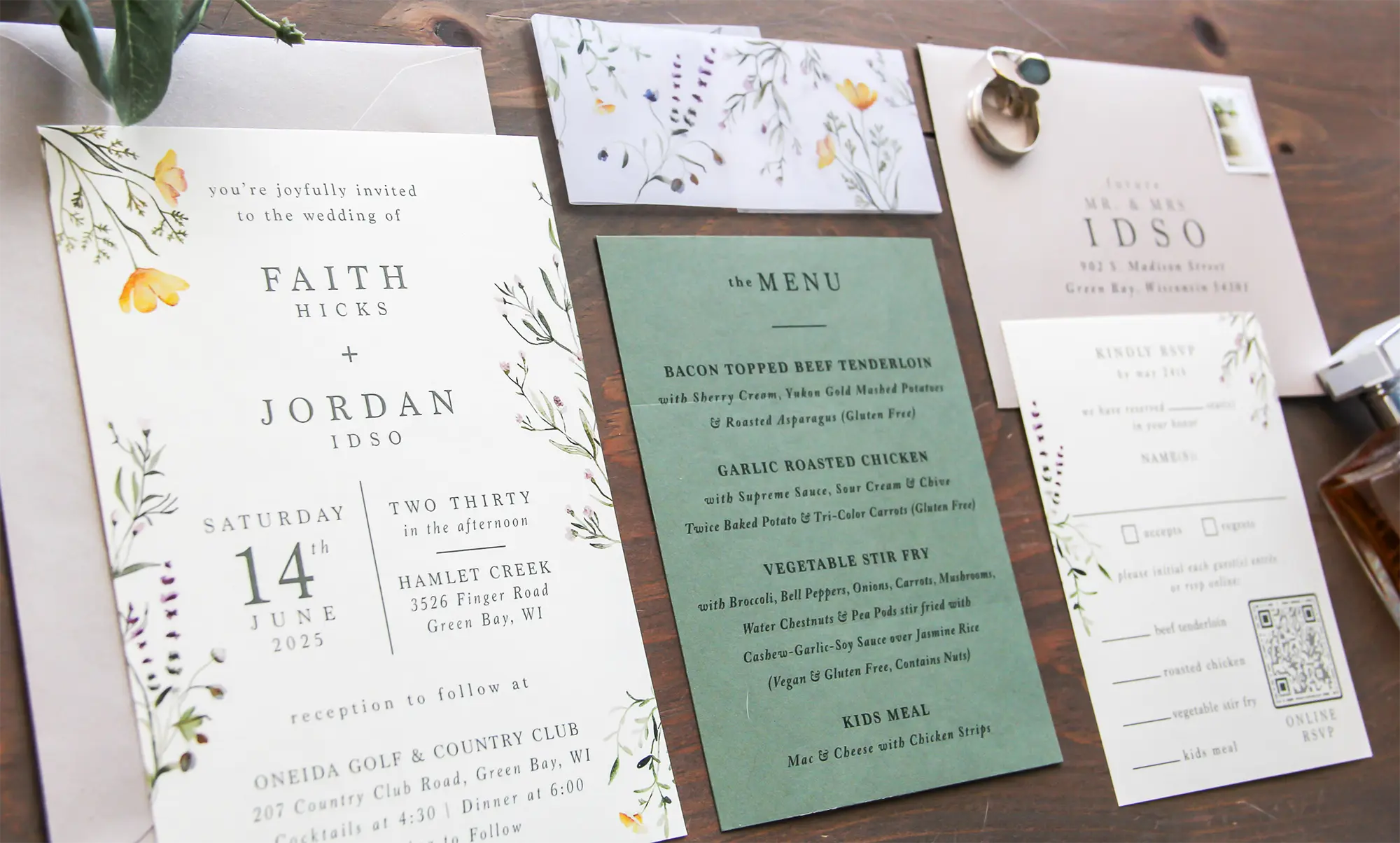 Wildflower and sage green invitations by L. Designs