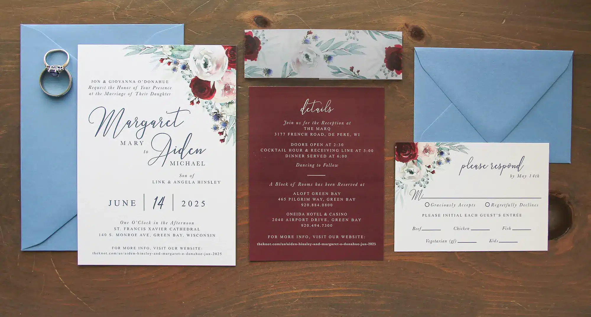 Dusty blue thistle with wine insert invitations by L. Designs