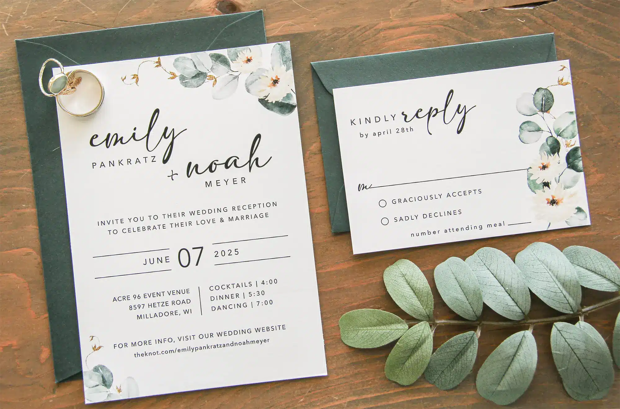 Eucalyptus invitations with dark green envelopes