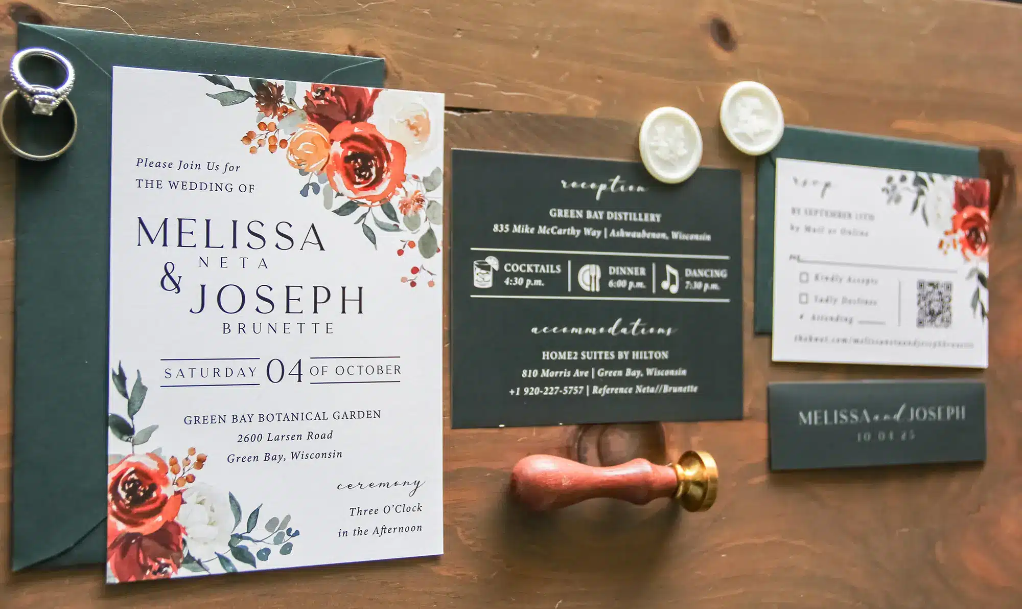 Fall boho wedding invite ensemble with wax embossed seals