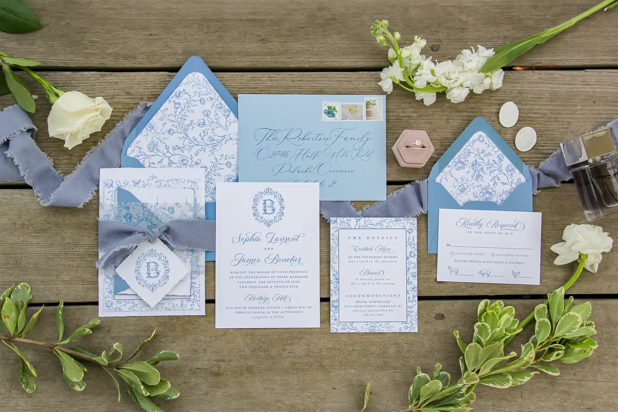 French country invite ensemble in dusty blue and white