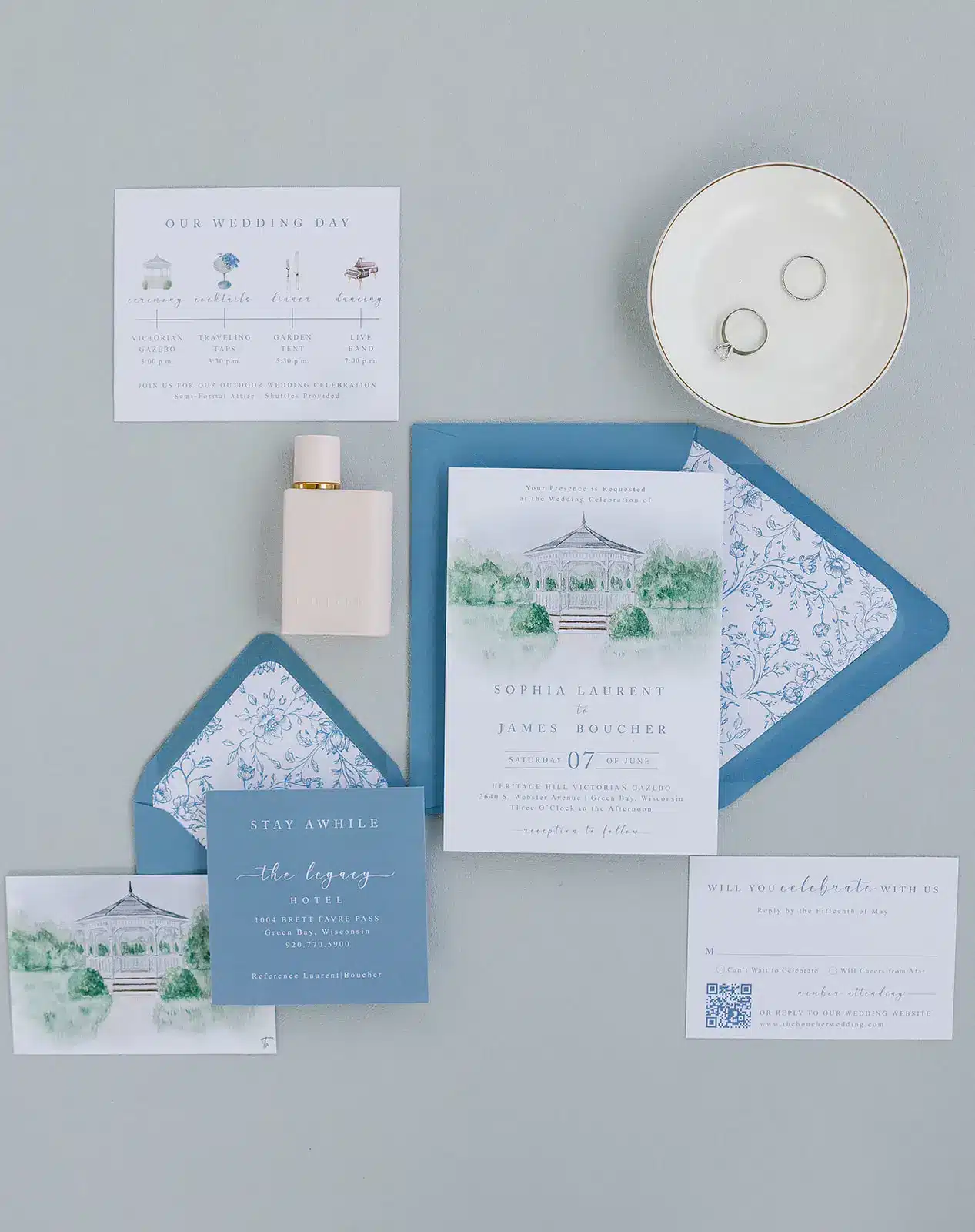 French country invitations with watercolor gazebo and blue accents