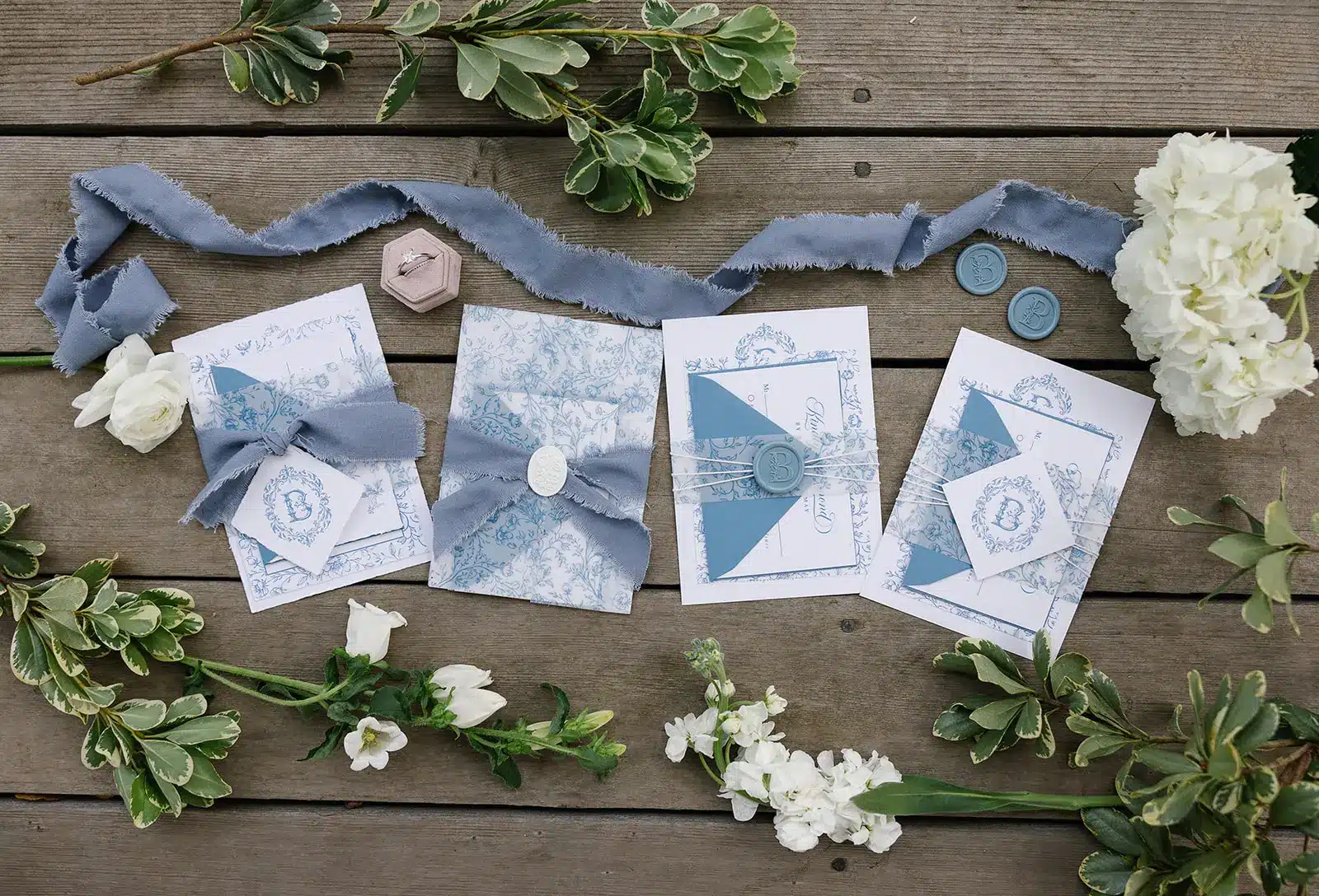 French country style denim blue invitations