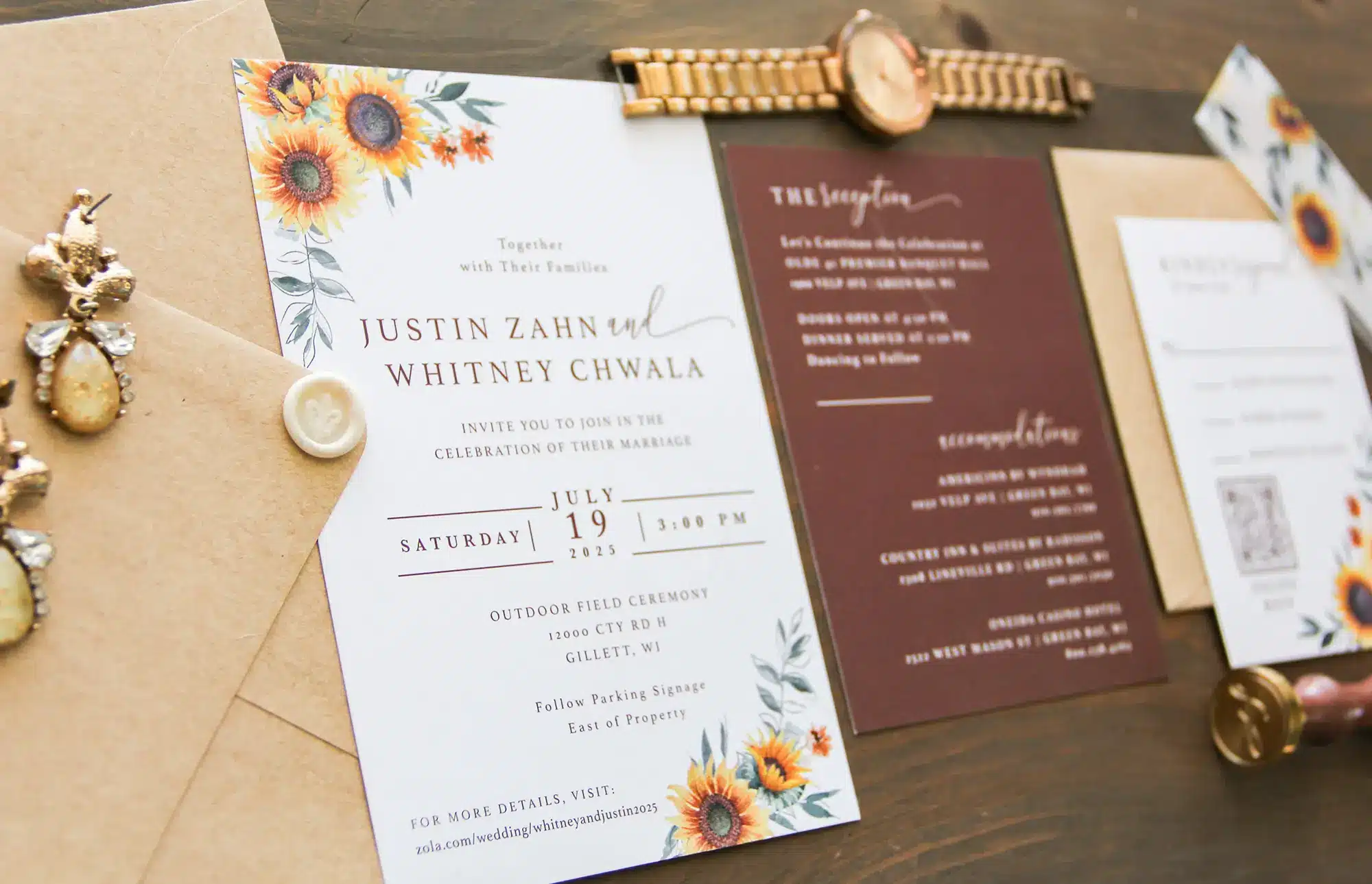 Sunflower invites with deep brown and tan accent and envelopes