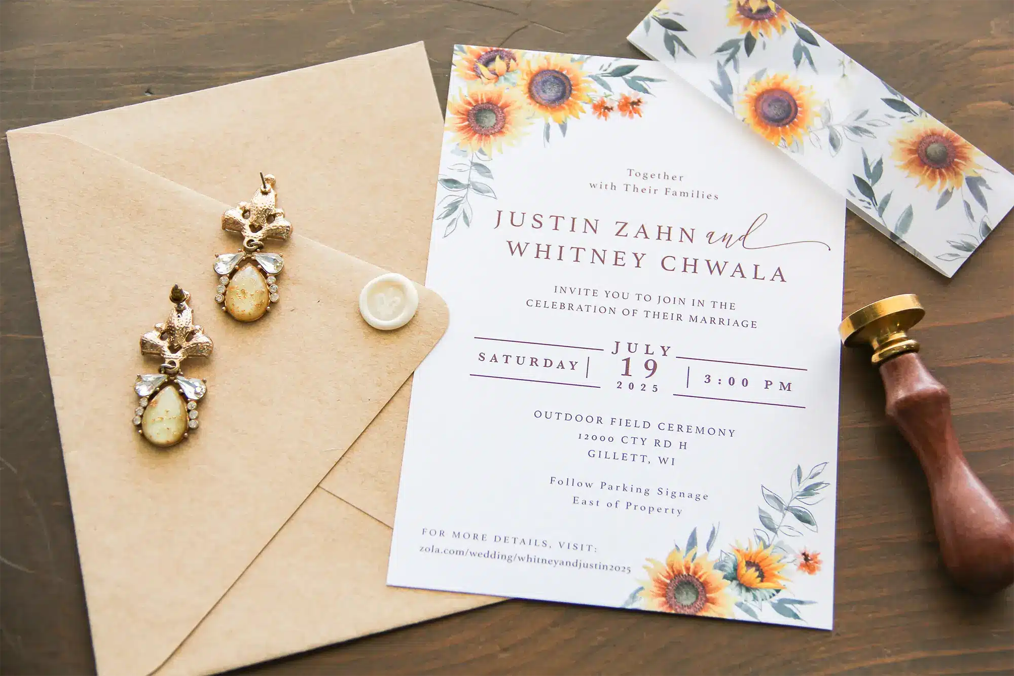 Sunflower bordered invitations with beige envelope
