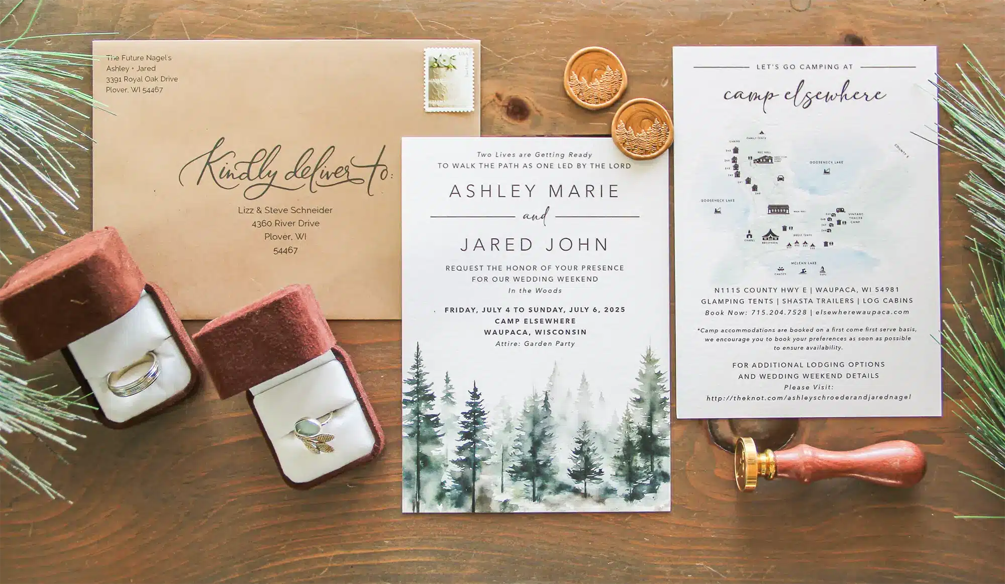 Forest themed invitations with camp map