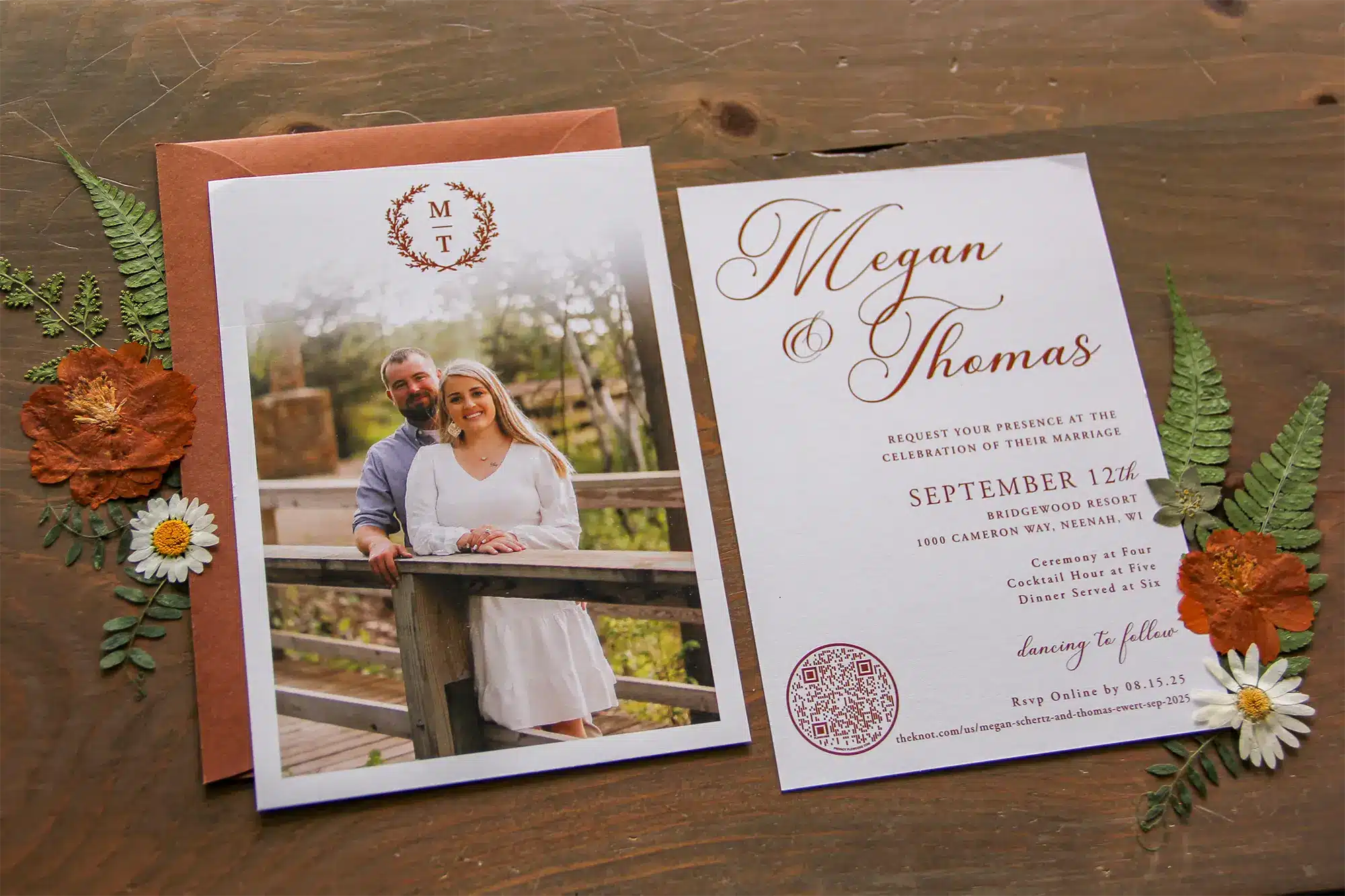 Invites with couple's photo and rust lettering and envelope