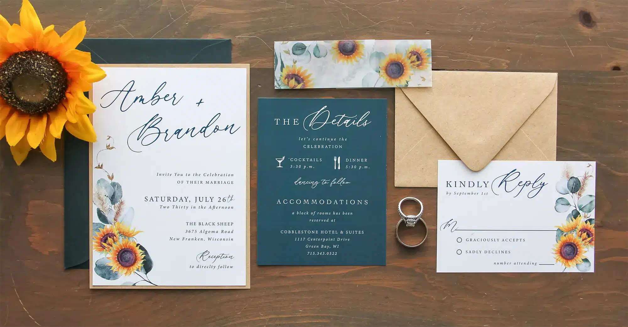 Sunflower invitations with teal and eucalyptus accents