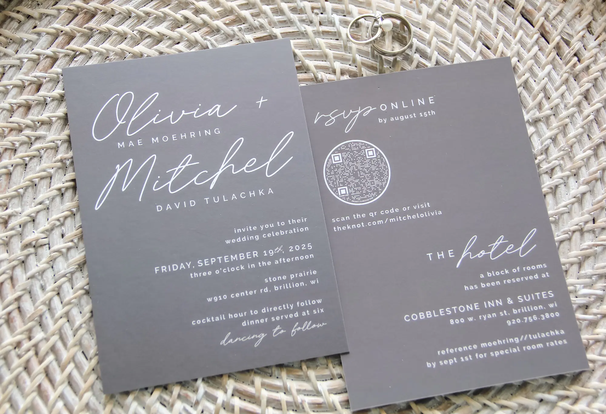 dark taupe/gray invitations in large script font