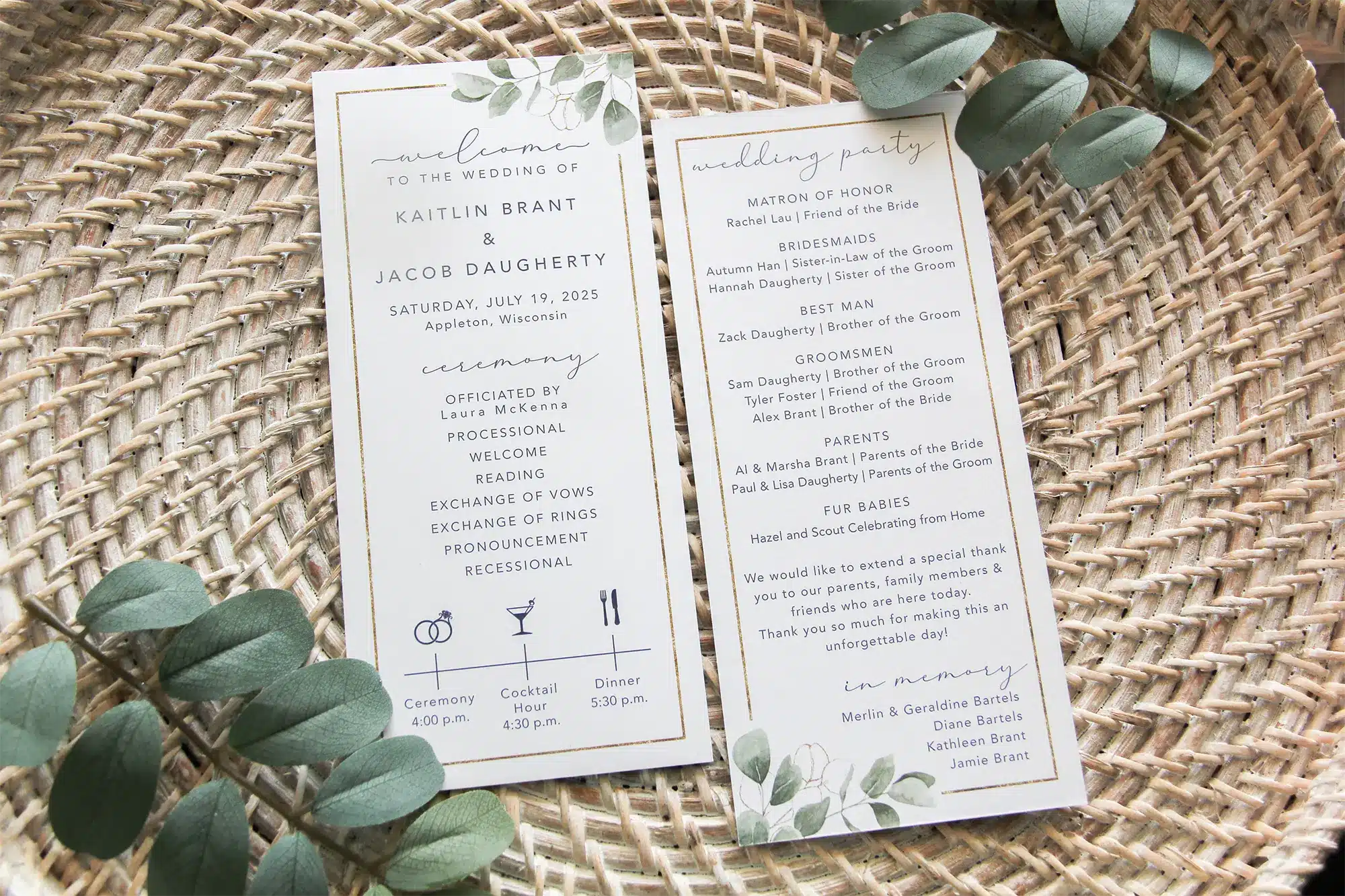 narrow vertical invitations with eucalyptus design and gold edging