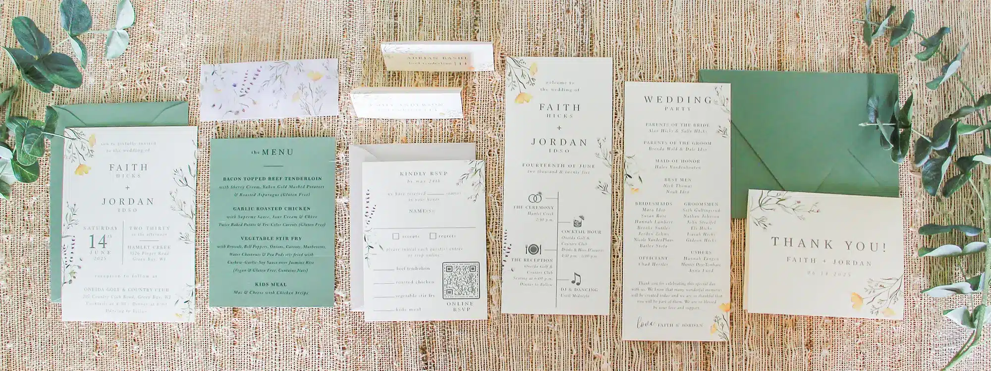 Summer inspired invitations in green and white with yellow based florals