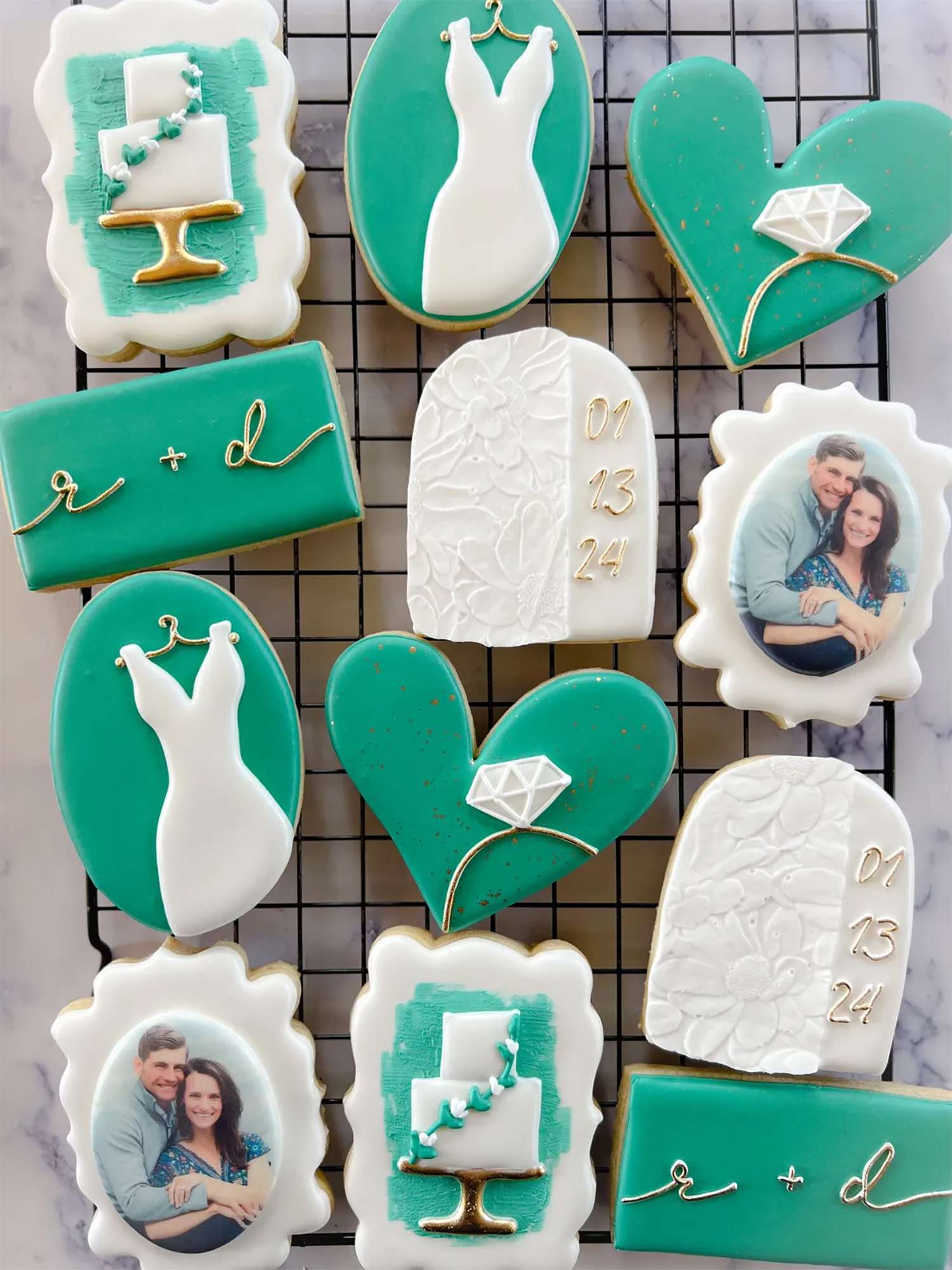 Emerald green custom deigned and painted wedding cookies