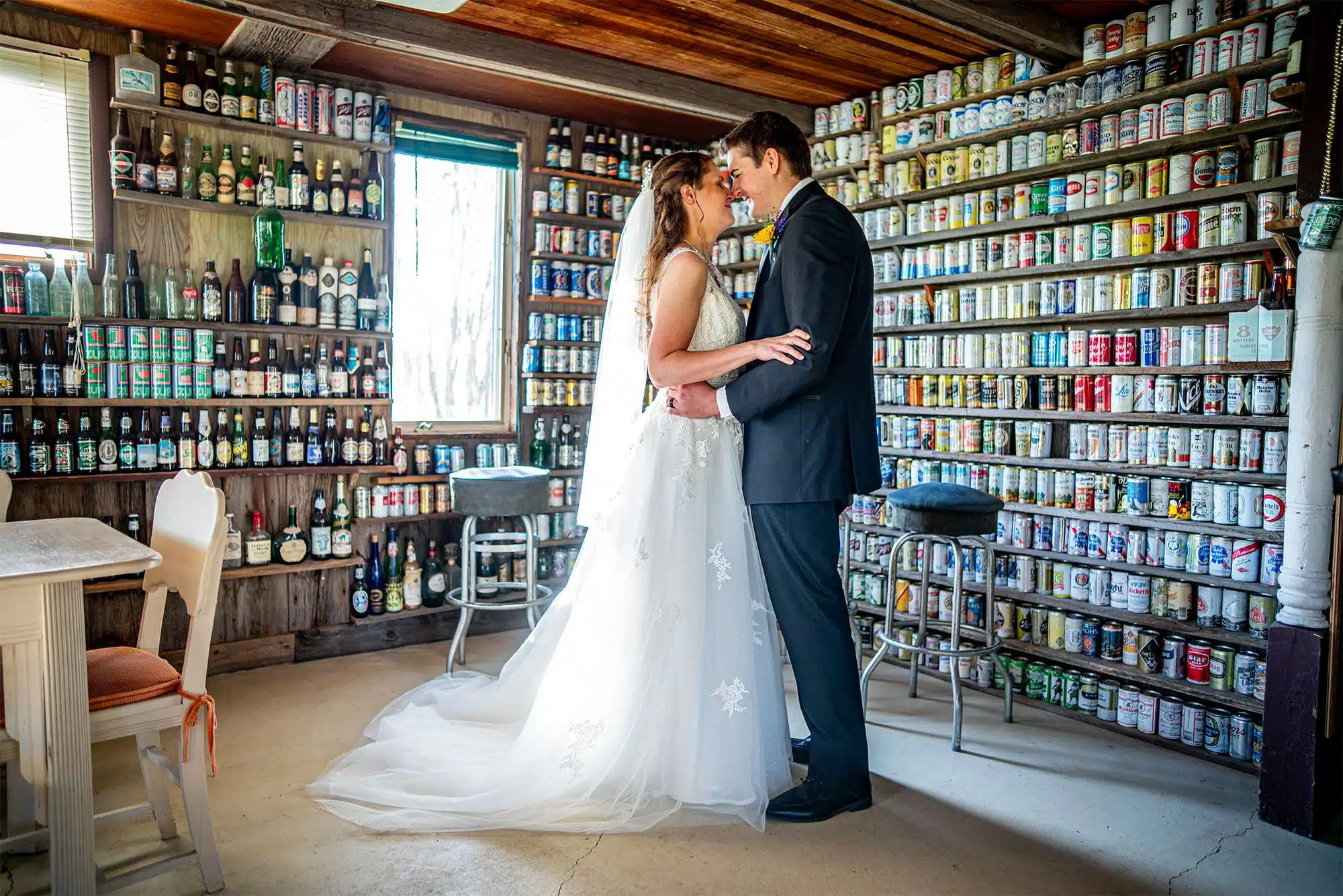 Bride and Groom pose in the Pond House at Woelfel Homestead Farm