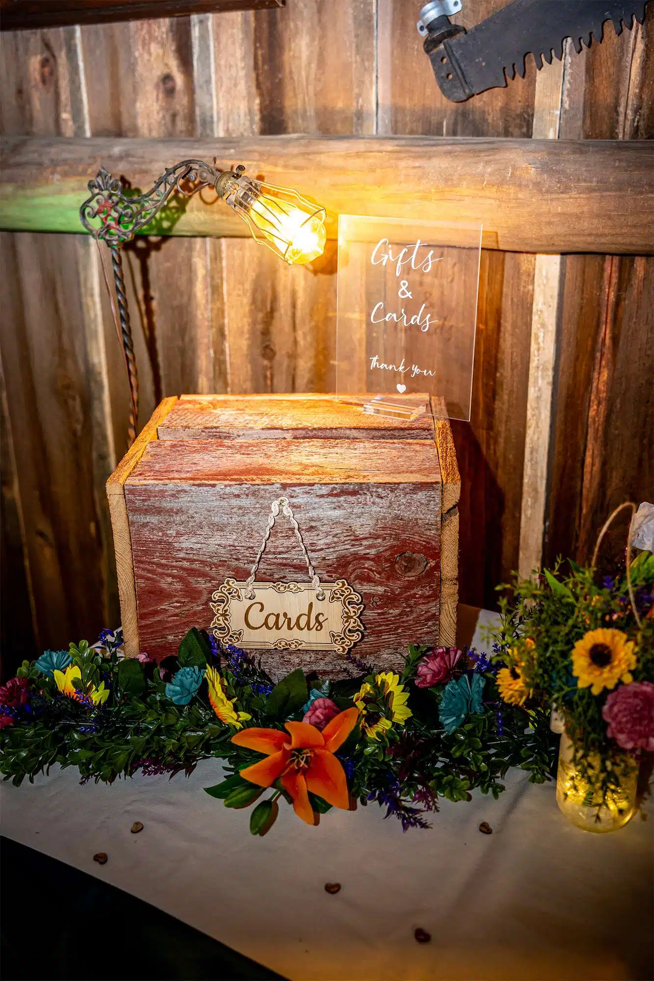 Gifts and Cards rustic box at wedding reception venue