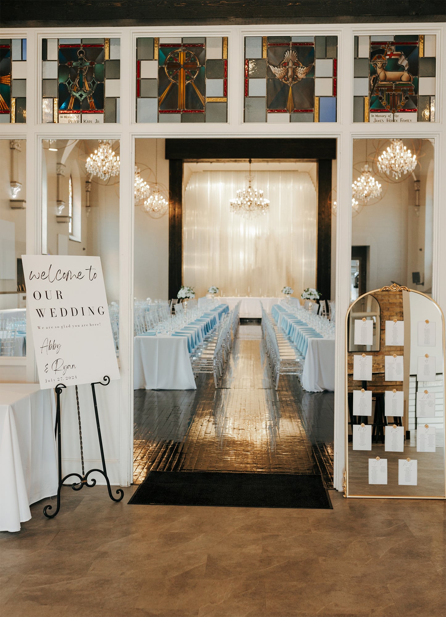 Reception tables and entrance at Sepia Wedding & Event Venue