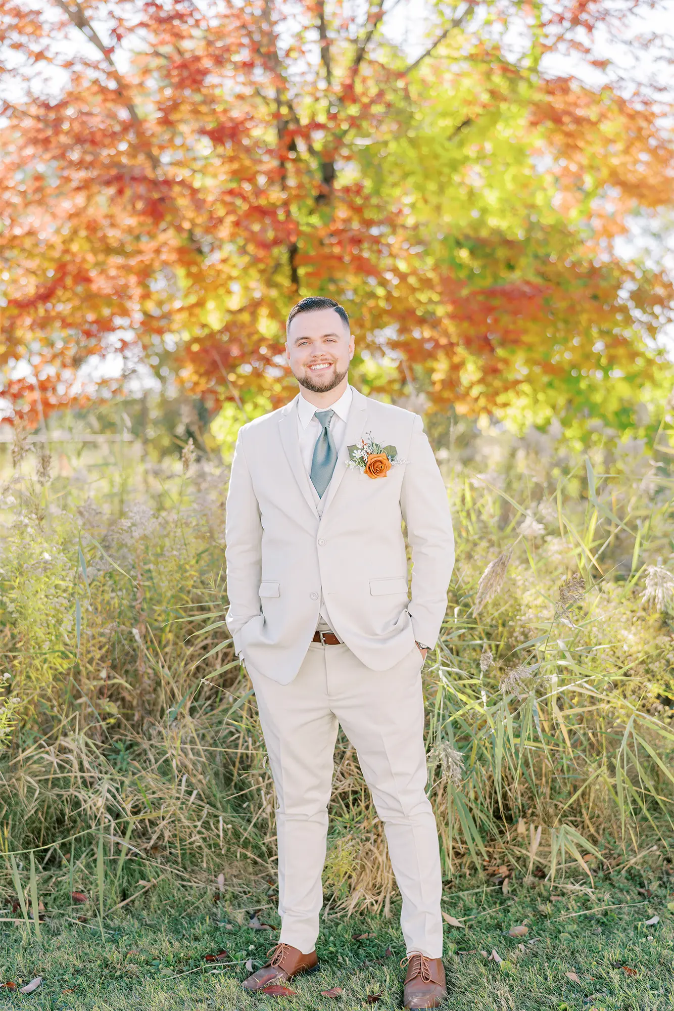 Fall groom in tan suit from DuBois Formalwear at Heritage Hill. Fall groom in tan suit from DuBois Formalwear at Heritage Hill.