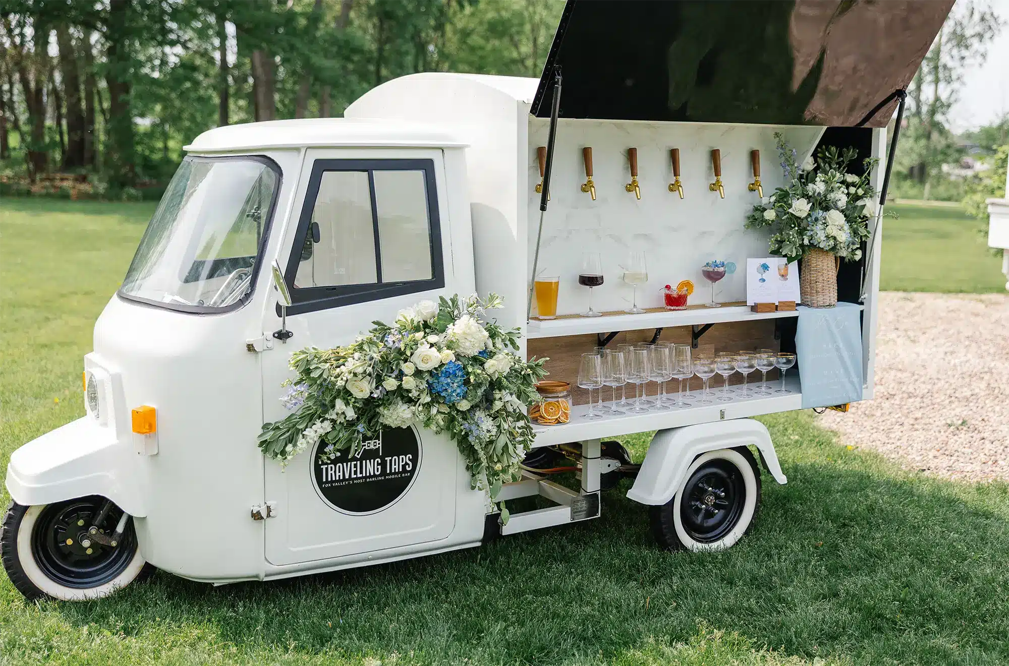 Vintage Piaggio Ape bar cart,Polly, all set up for an event.